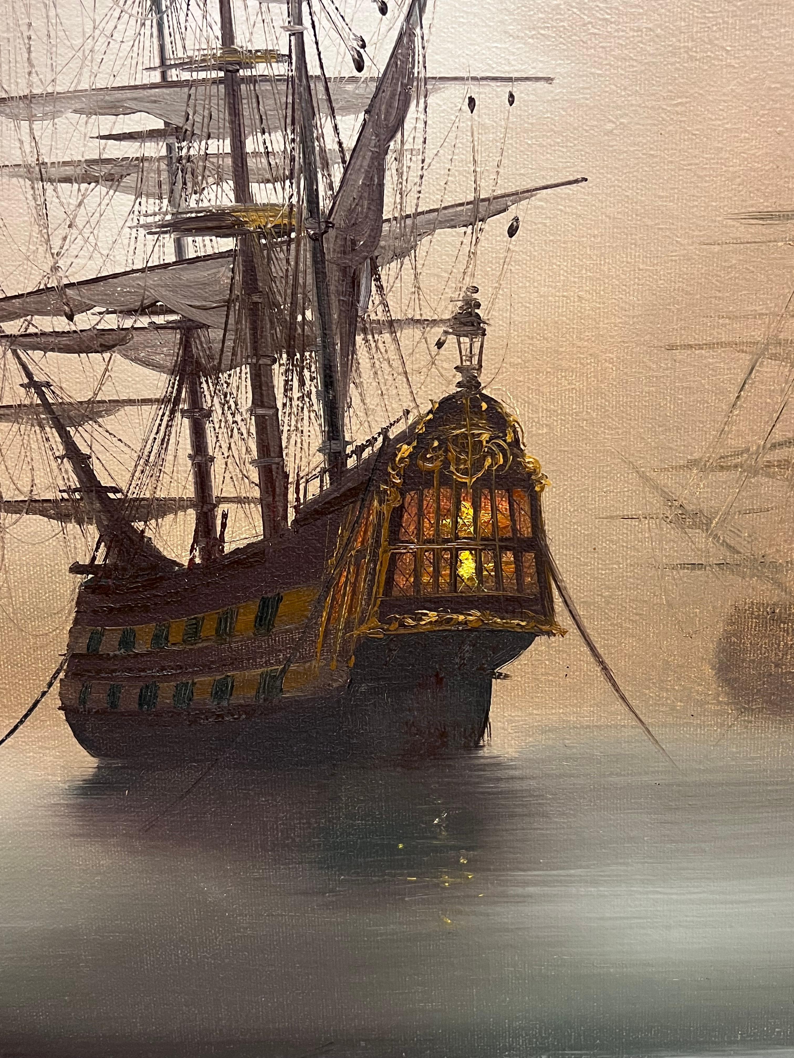 Traditional English Maritime Oil Painting Misty Harbour Tall Ships Anchored Dusk For Sale 4