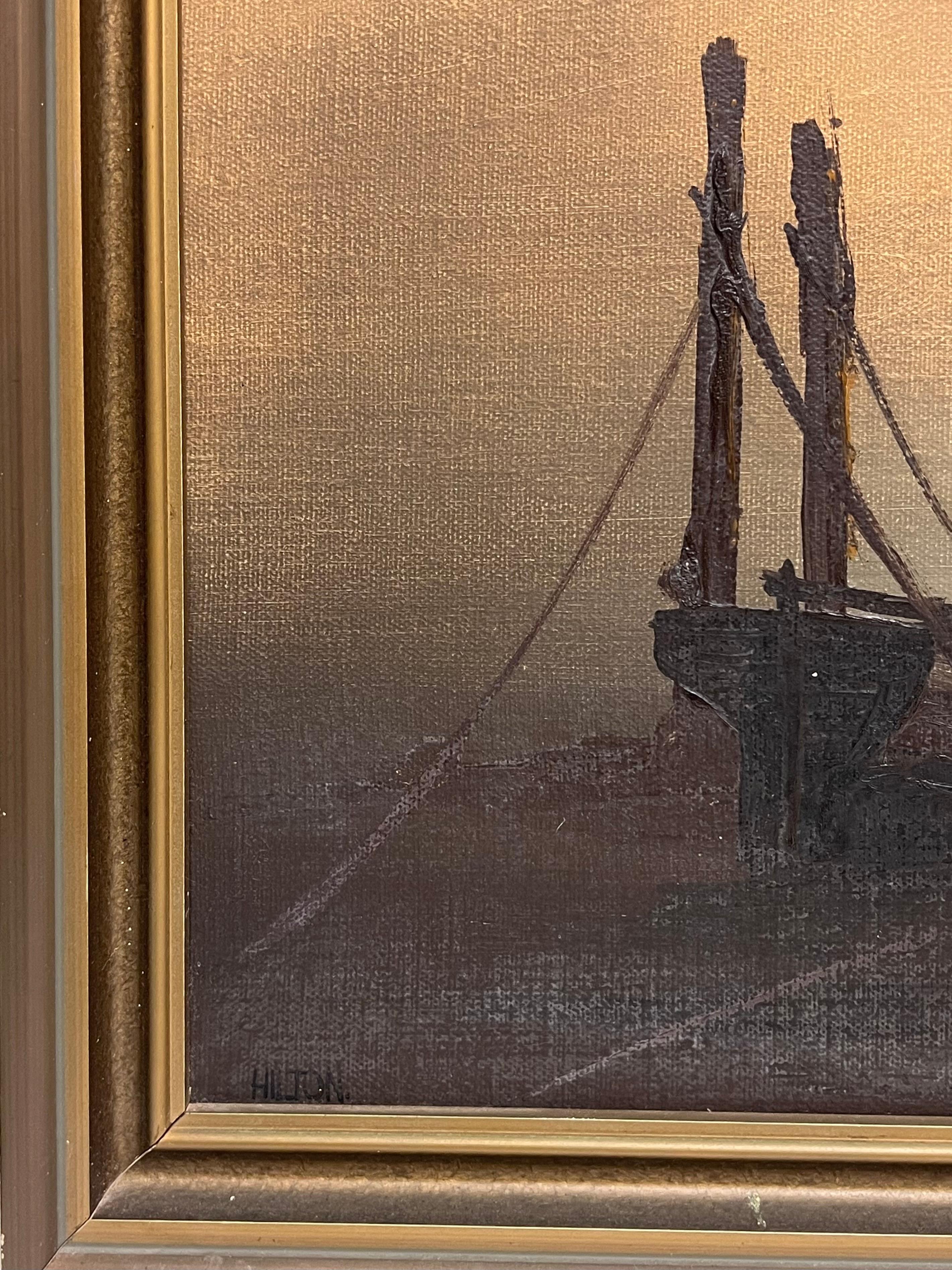 Traditional English Maritime Oil Painting Misty Harbour Tall Ships Anchored Dusk For Sale 6
