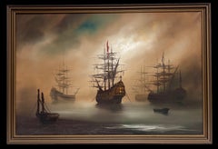 Vintage Traditional English Maritime Oil Painting Misty Harbour Tall Ships Anchored Dusk