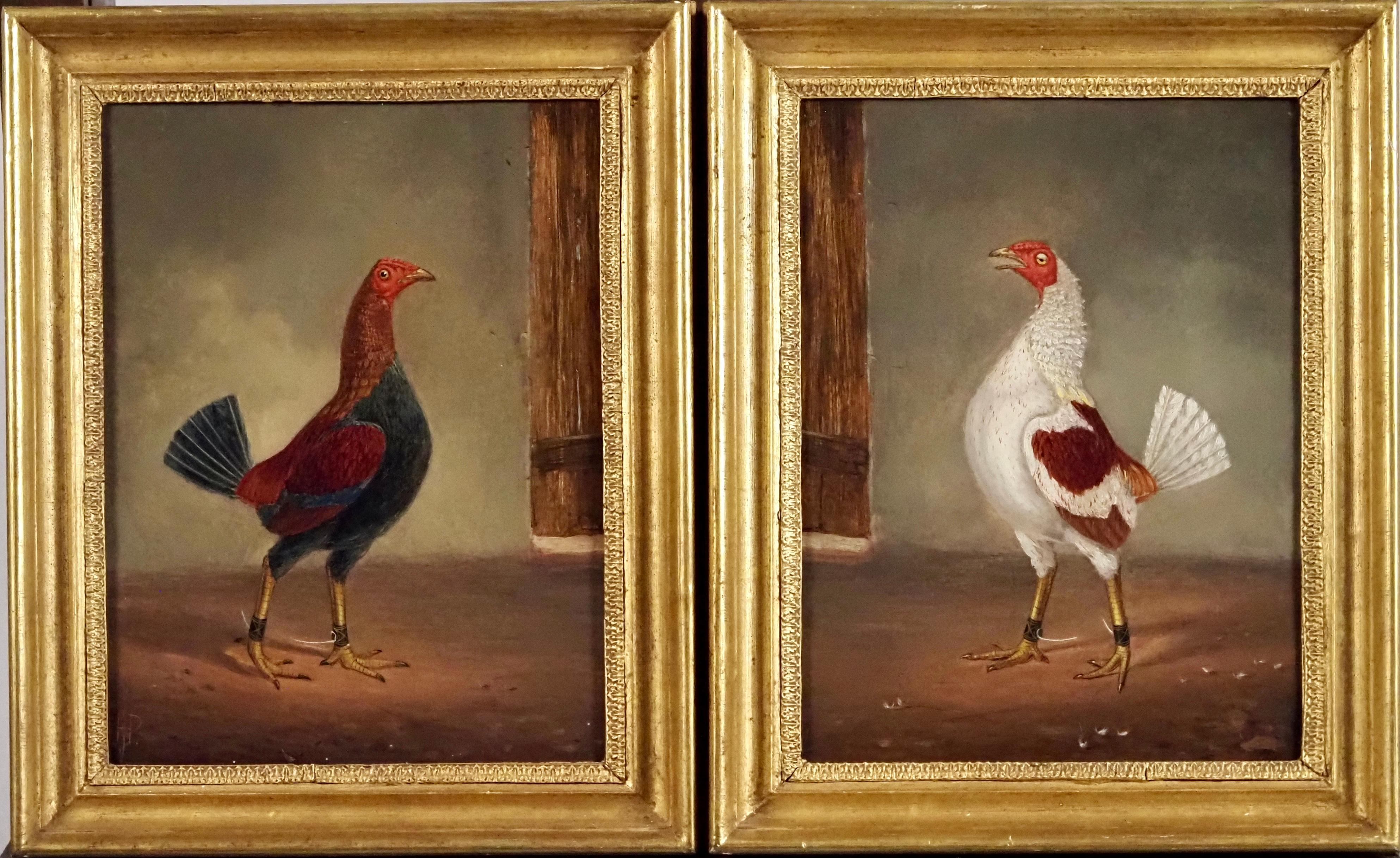Hilton Lark Pratt Animal Painting - A dark-breasted fighting cock & A pale-breasted fighting cock facing