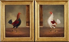 Antique A dark-breasted fighting cock & A pale-breasted fighting cock facing