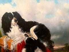 Dos Spaniels sobre tela roja 1860-1870, rasgos clásicos, cielos y paisaje