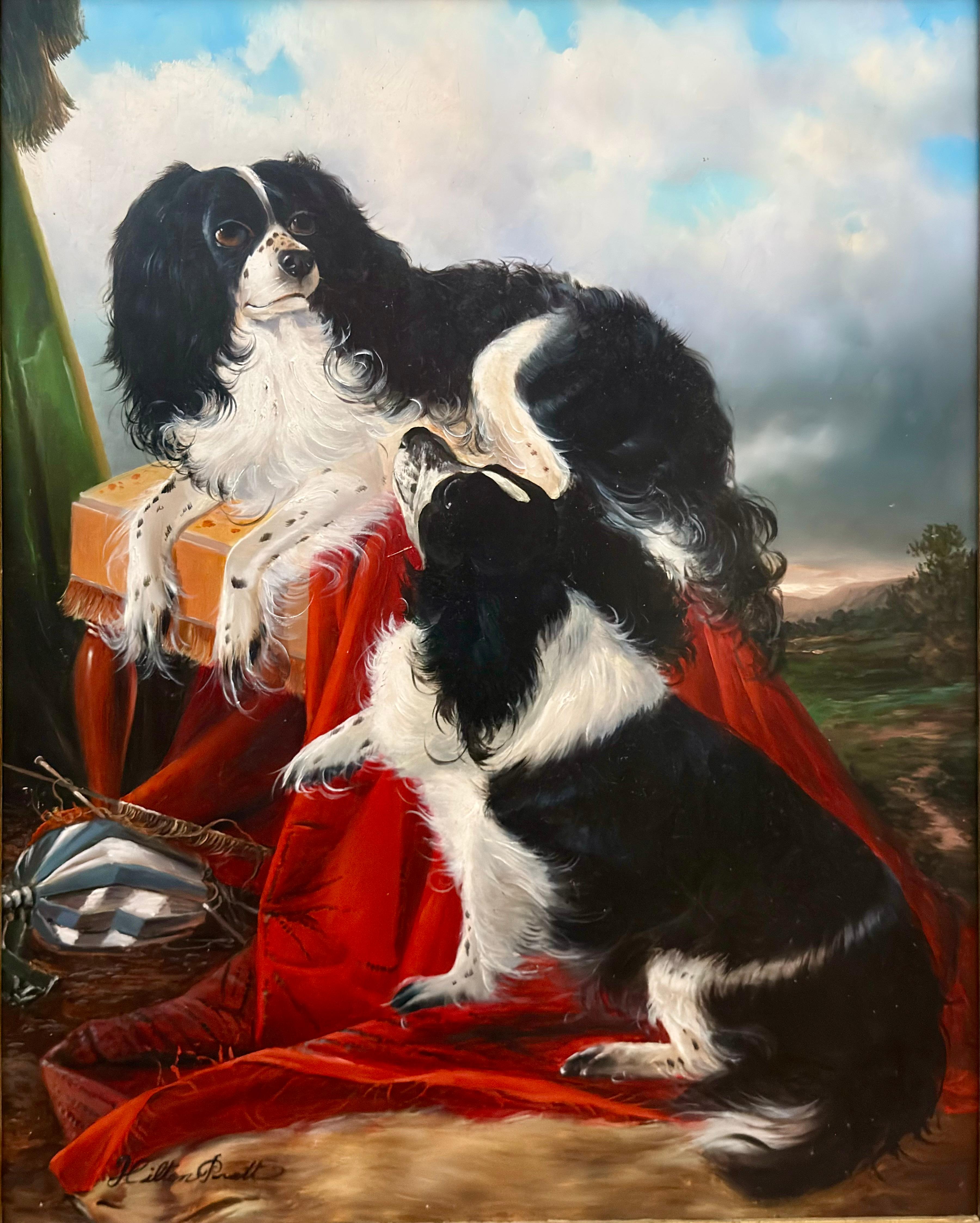 Hilton Lark Pratt Landscape Painting - Two Spaniels on Red Cloth, Oil on Board, Signed and Framed, Circa 1860-1870