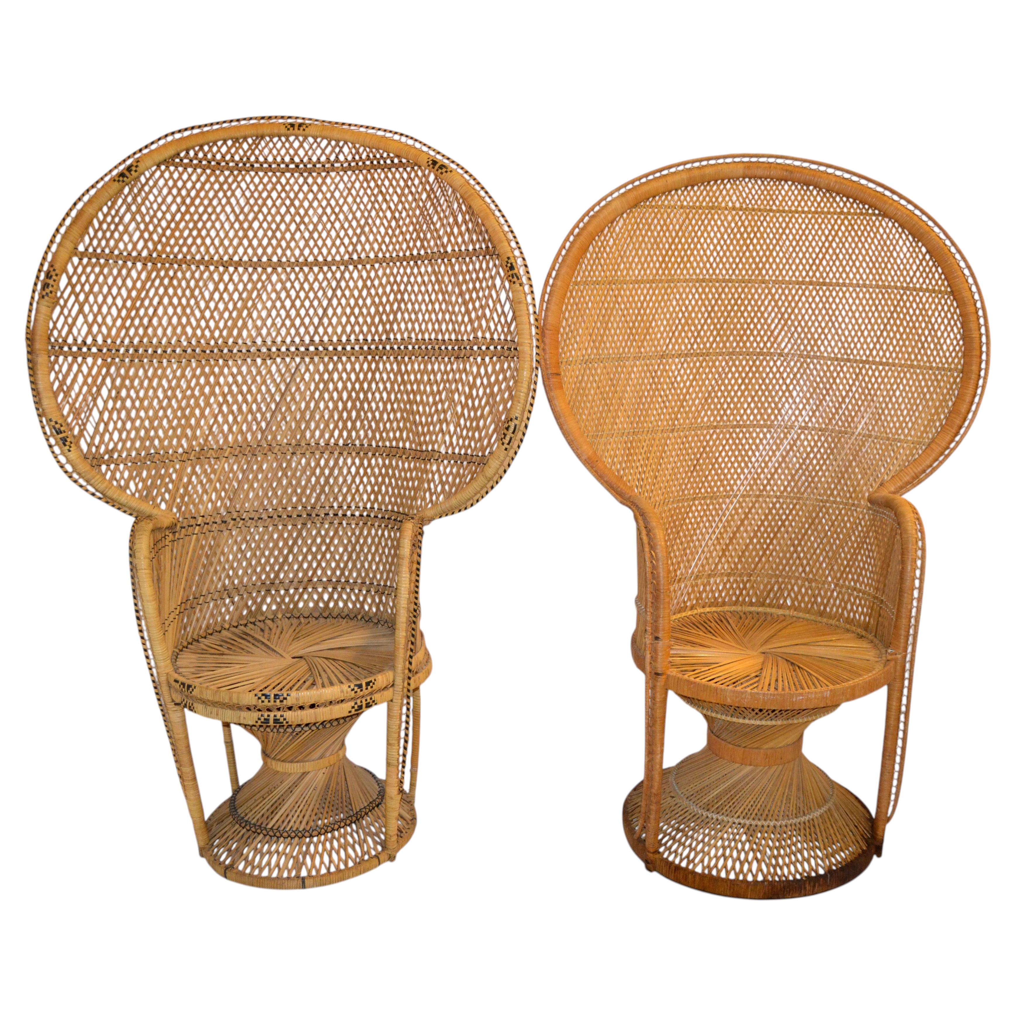 Him & Her Boho Chic Handcrafted Beige & Black Wicker, Rattan, Reed Peacock Chair For Sale