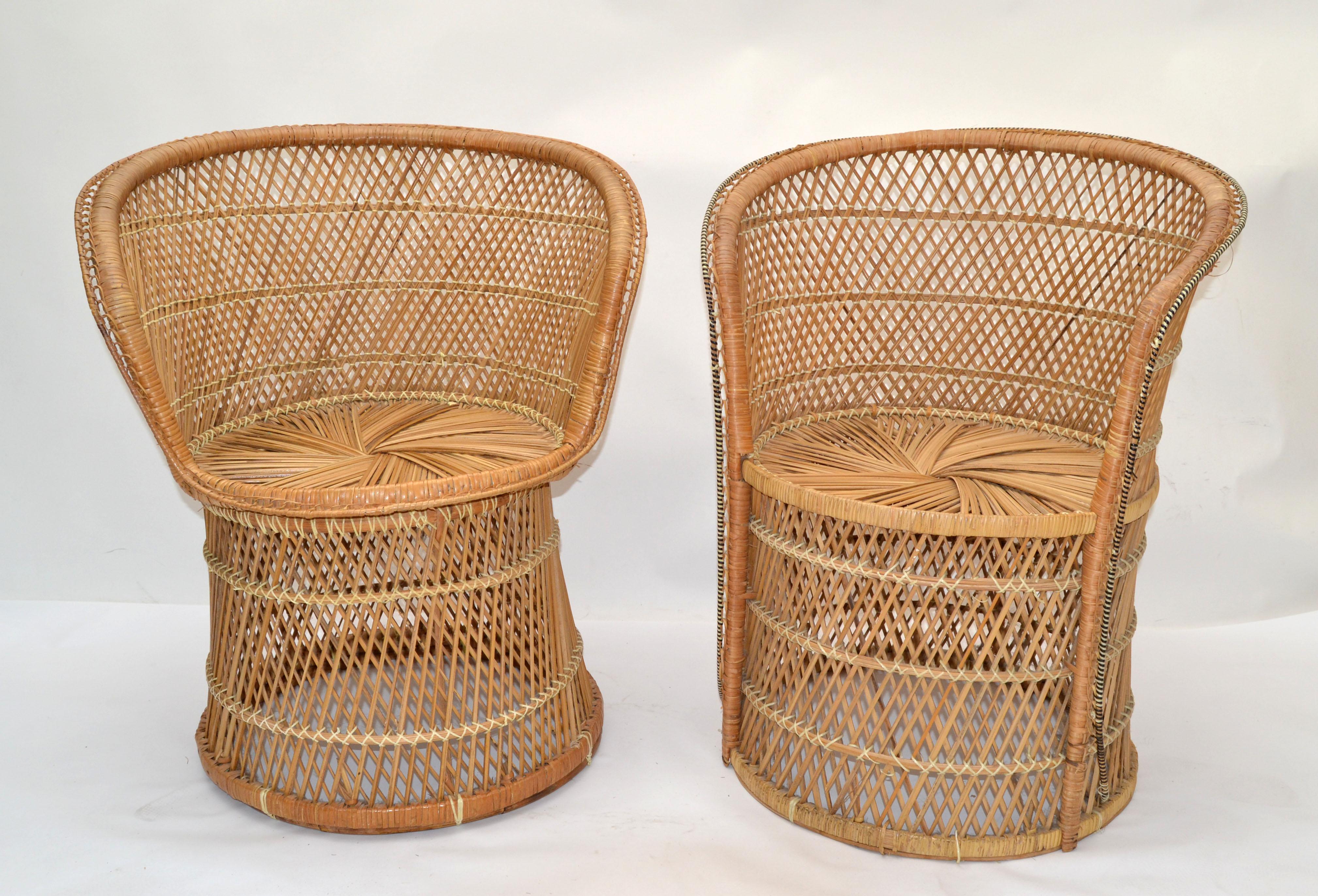 Chinese Export Him & Her Vintage Handwoven & Crafted Chinoiserie Rattan Cane & Bamboo Armchairs For Sale