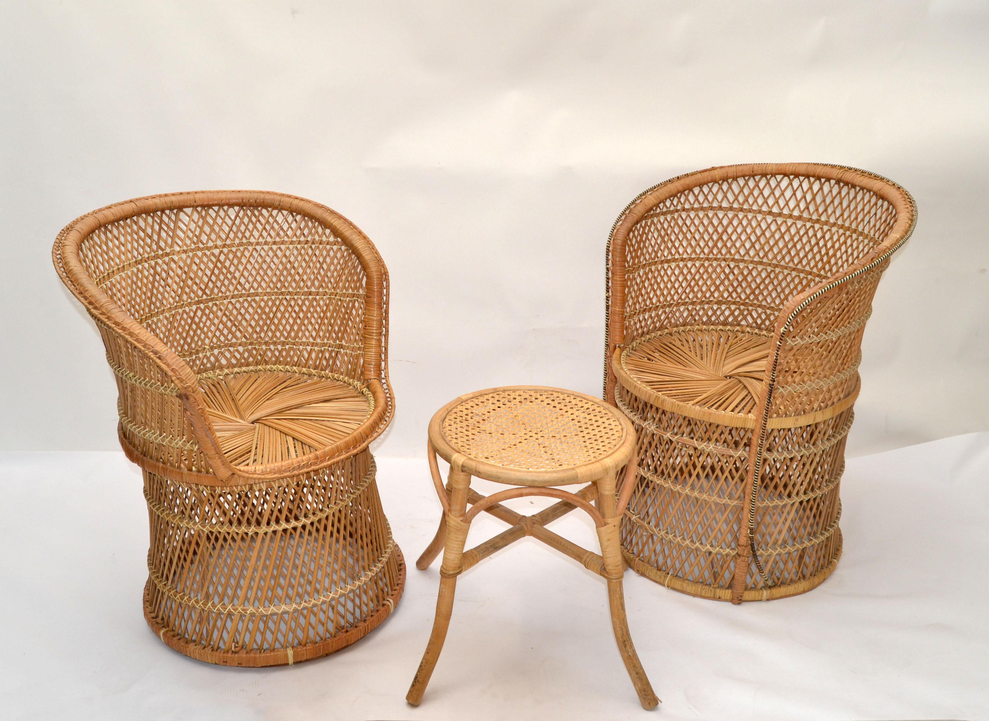 20th Century Him & Her Vintage Handwoven & Crafted Chinoiserie Rattan Cane & Bamboo Armchairs For Sale