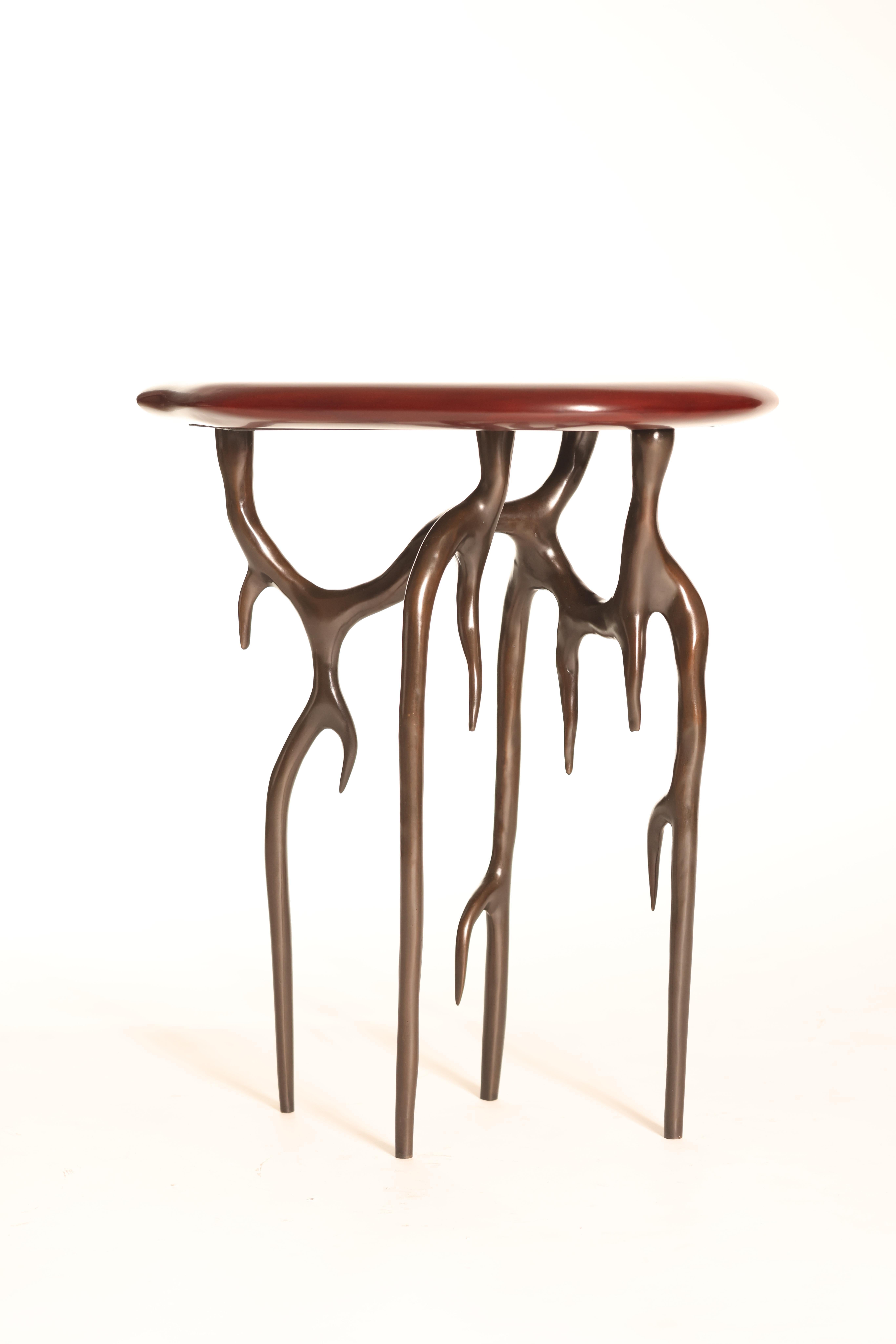 European Himalaya Side Table Low in Cast Bronze with Red Lacquer Top from Elan Atelier For Sale