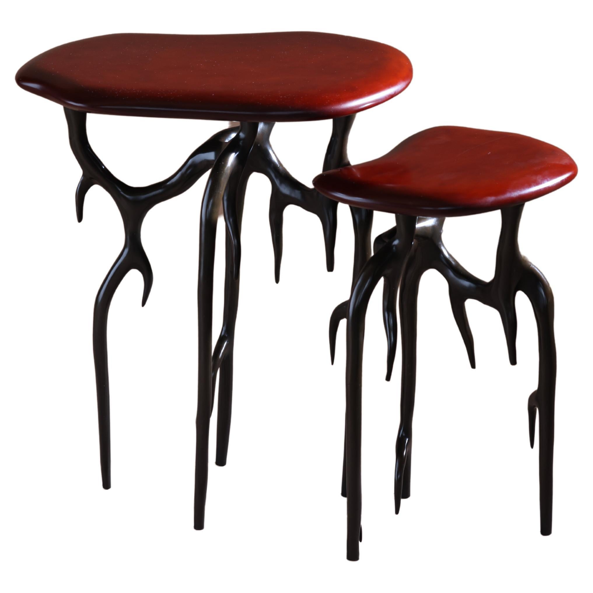 Himalaya Side Table Low in Cast Bronze with Red Lacquer Top from Elan Atelier