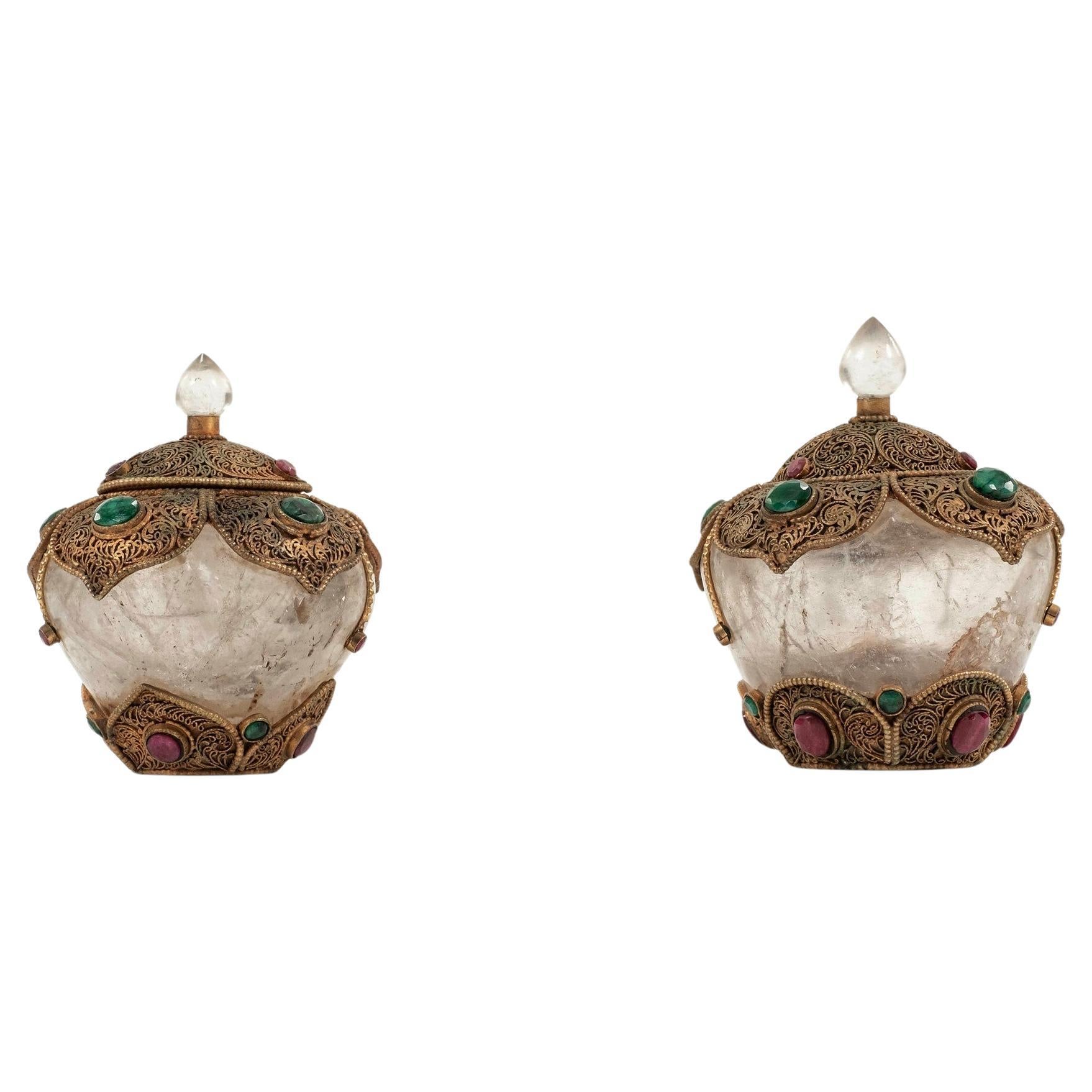 Himalayan Jewel-Encrusted Gilt FIligree Rock Crystal Covered Bowls