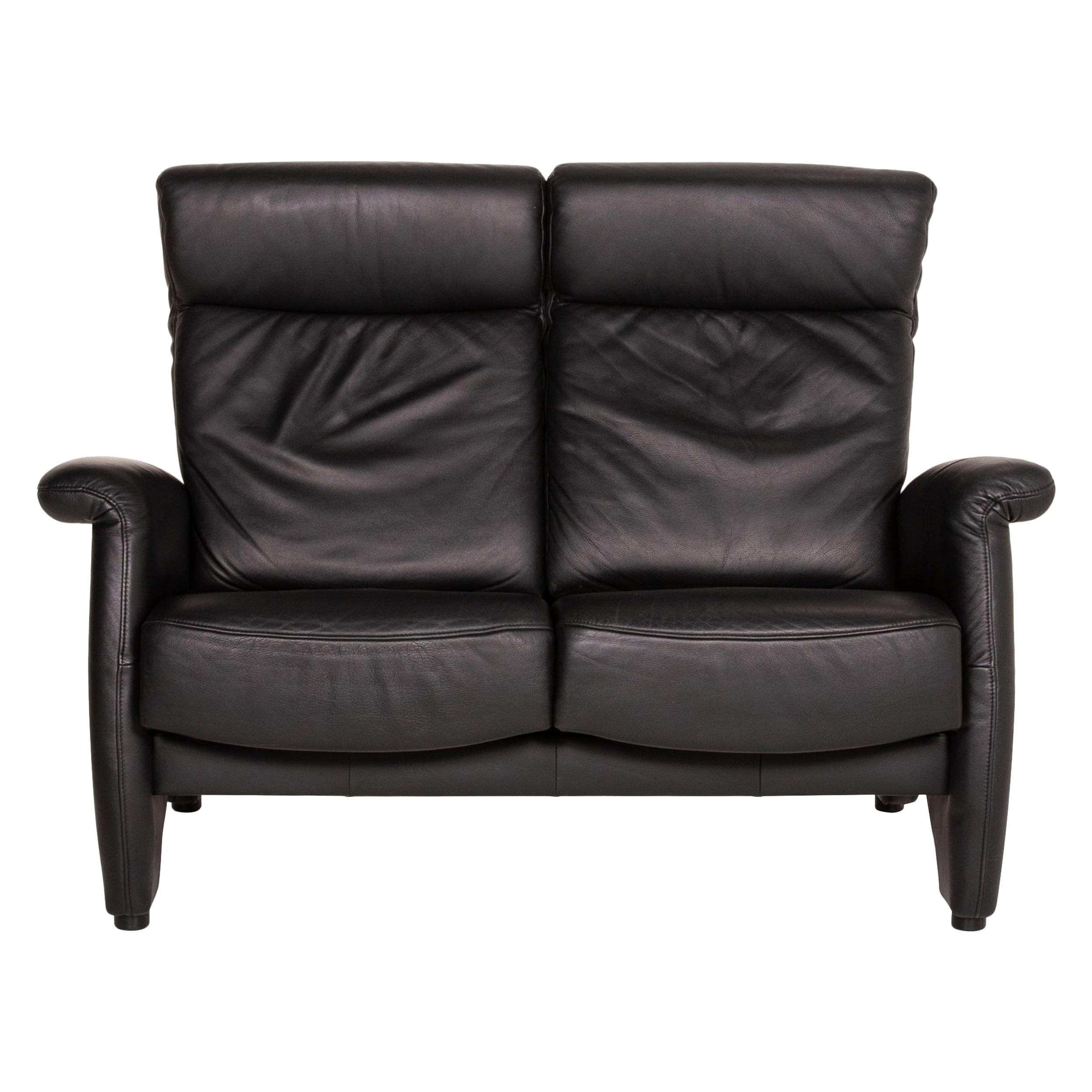 Himolla Ergoline Leather Sofa Black Two-Seater Function Couch For Sale