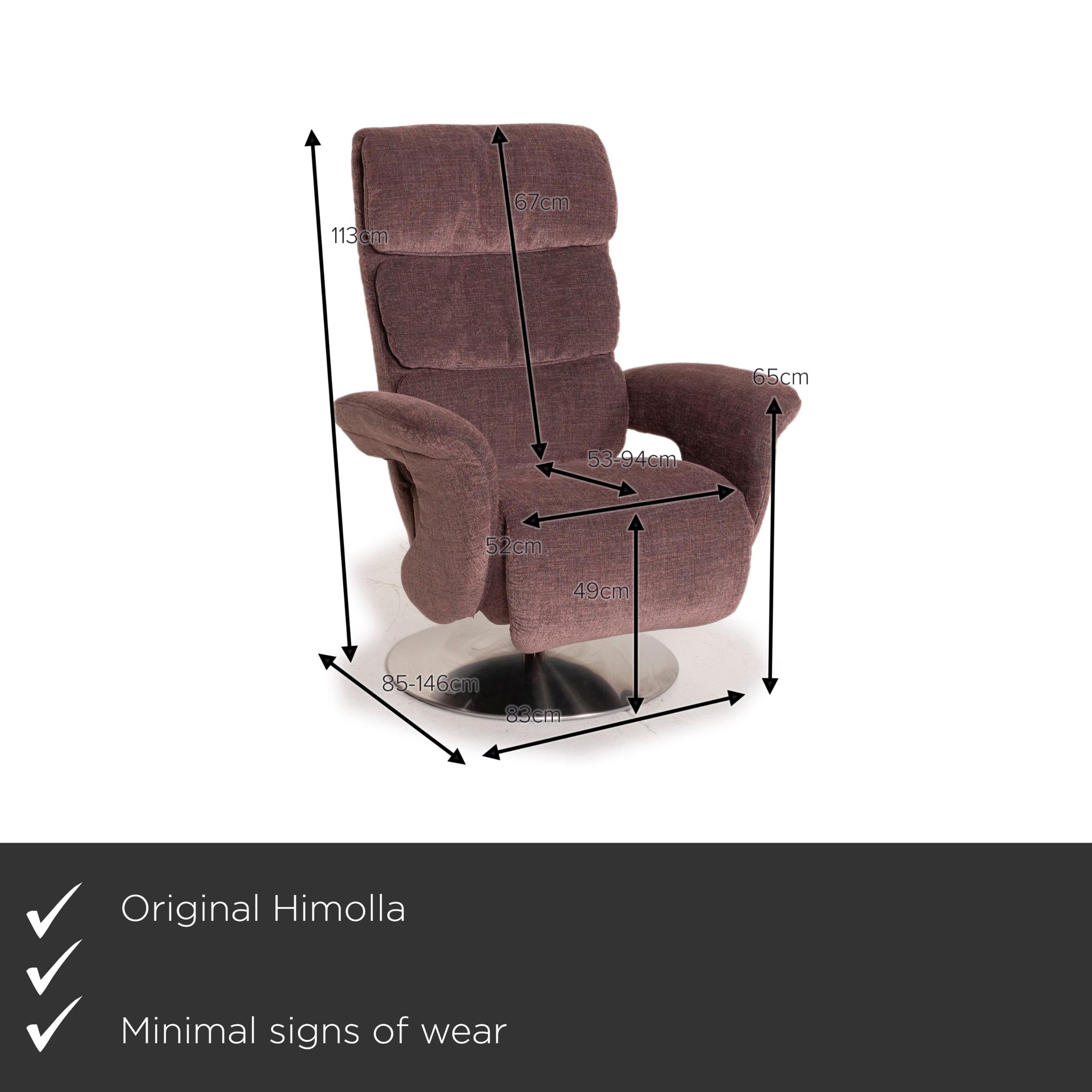 We present to you a Himolla Hurley fabric armchair rose relax function.

 

 Product measurements in centimeters:
 

Depth 85
Width 83
Height 113
Seat height 49
Rest height 65
Seat depth 53
Seat width 52
Back height 67.