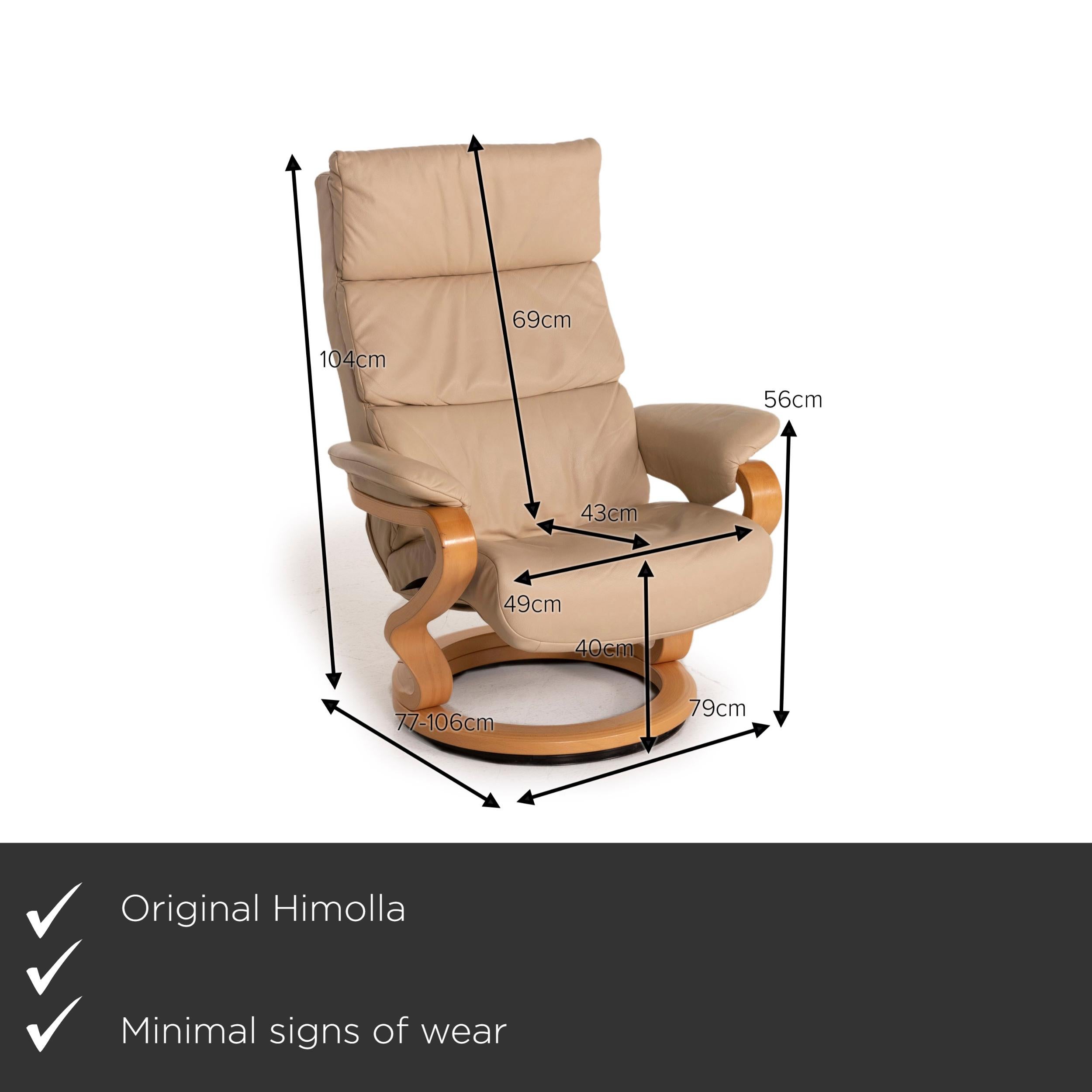 We present to you a Himolla leather armchair beige function relaxation function.


 Product measurements in centimeters:
 

Depth: 77
Width: 79
Height: 104
Seat height: 40
Rest height: 56
Seat depth: 43
Seat width: 49
Back height: 69.
 