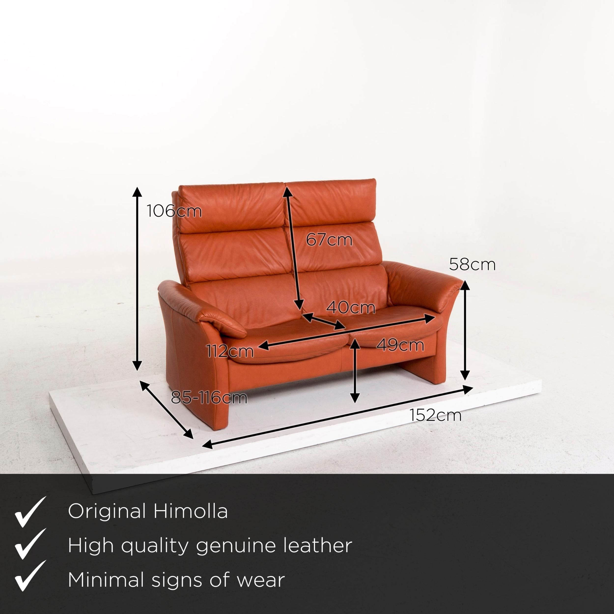 Wir präsentieren Ihnen ein Himolla Ledersofa orange terracotta mit zwei Sitzplätzen und Relaxfunktion.
  
 

 Produktabmessungen in Zentimetern:
 

Tiefe 85
Breite 152
Höhe 106
Sitzhöhe 49
Resthöhe 58
Sitztiefe 40
Sitzbreite