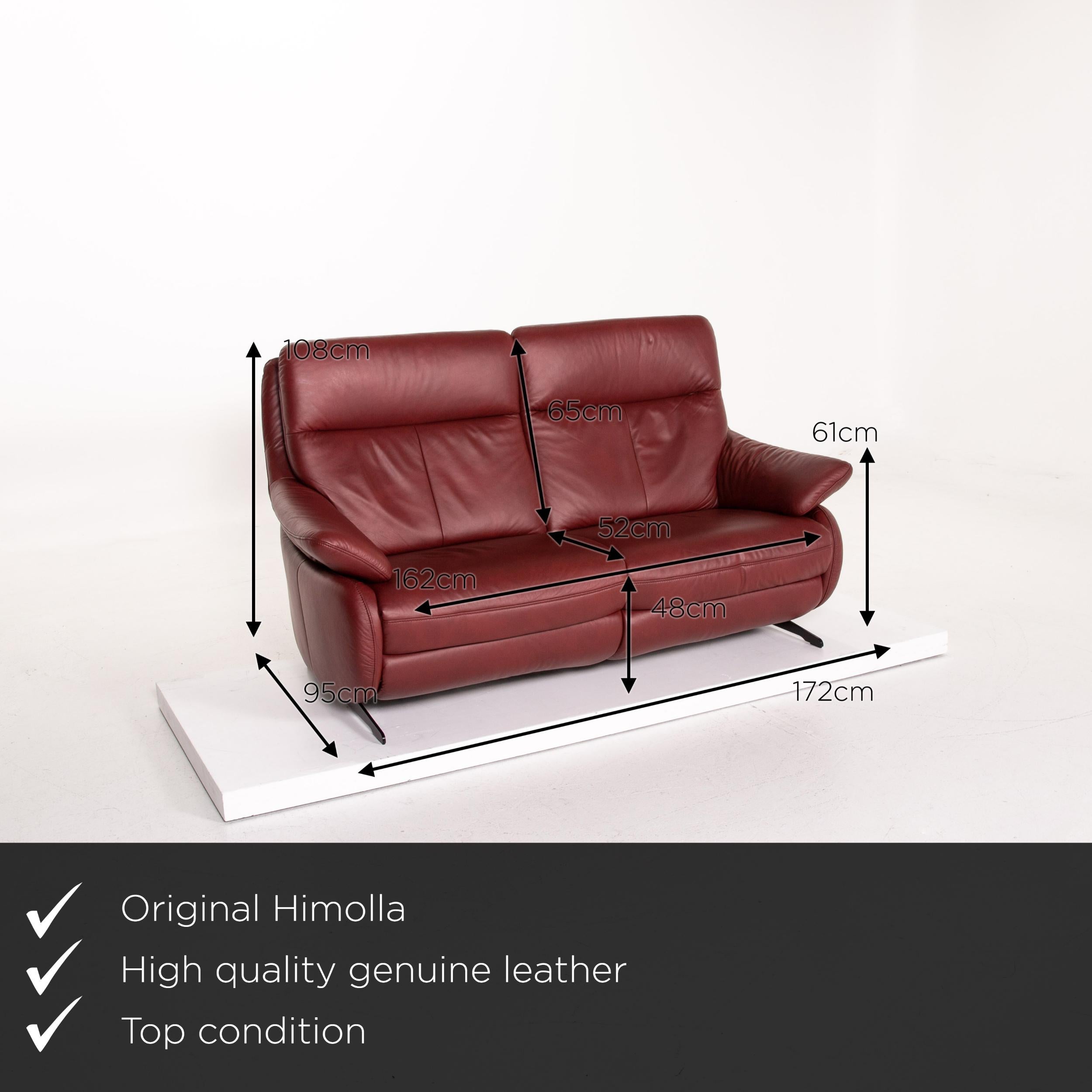 We present to you a Himolla leather sofa red dark red two-seat couch.

 

 Product measurements in centimeters:
 

Depth 95
Width 172
Height 108
Seat height 48
Rest height 61
Seat depth 52
Seat width 162
Back height 65.