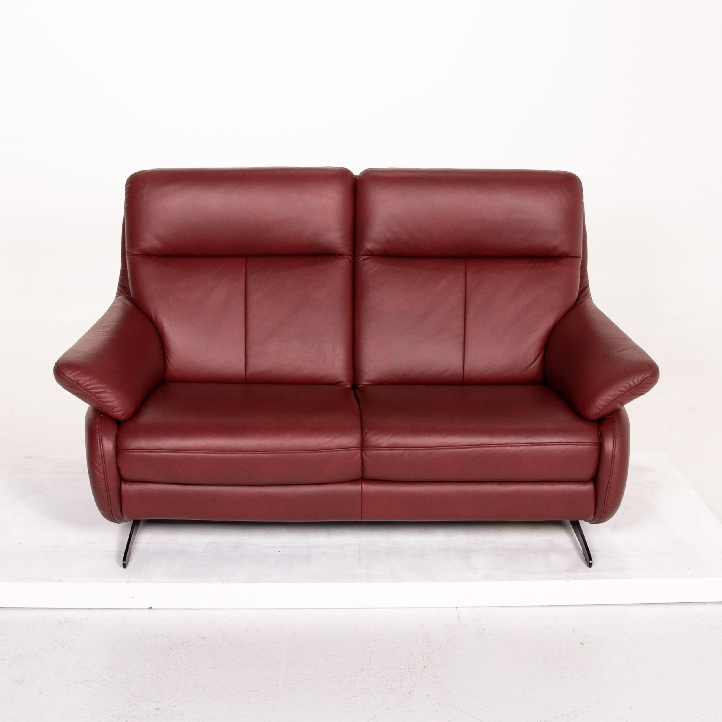 Polish Himolla Leather Sofa Red Dark Red Two-Seat Couch For Sale