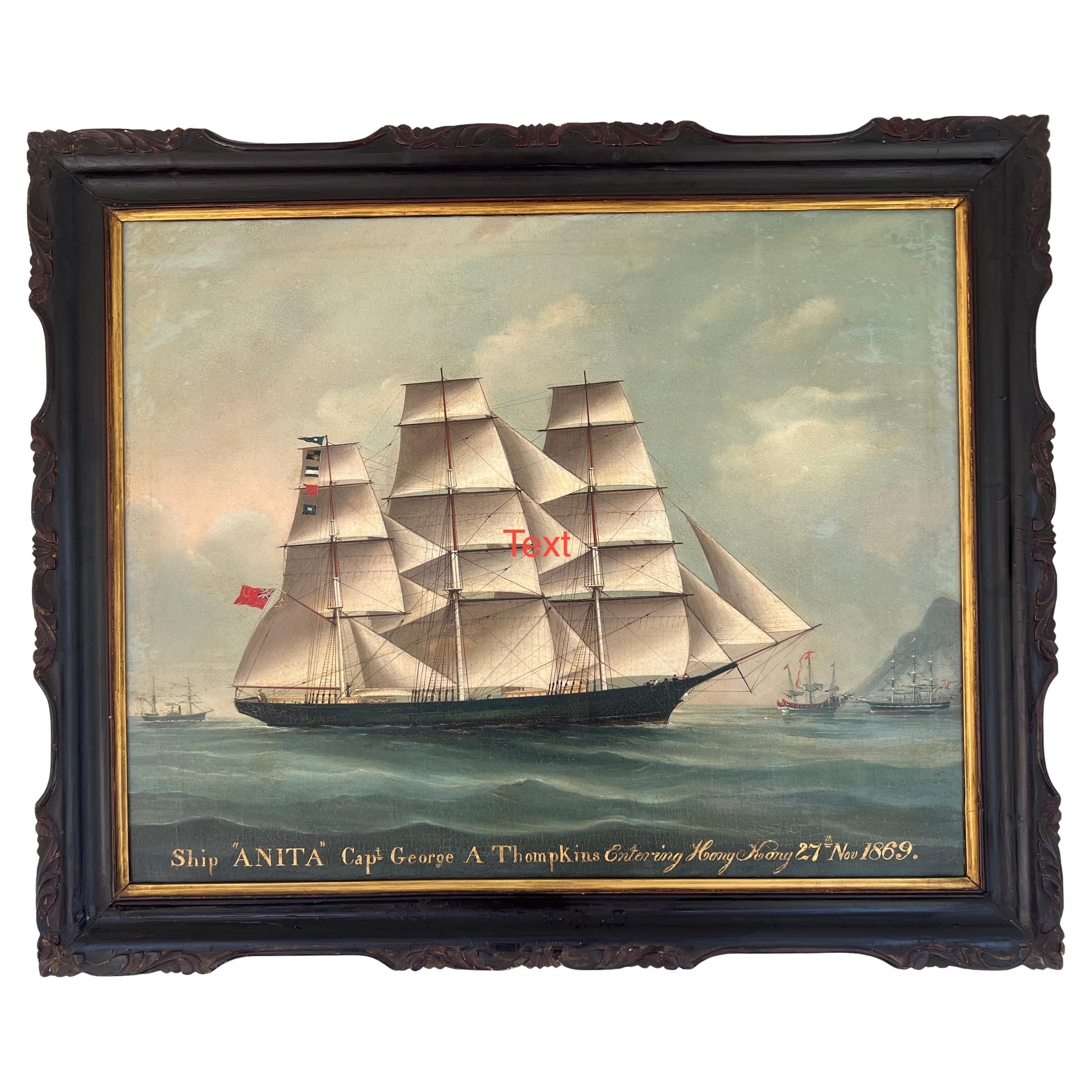 Hin Qua Attrib: Chinese Export "Anita" Ship Painting on Canvas C. 1869 For Sale