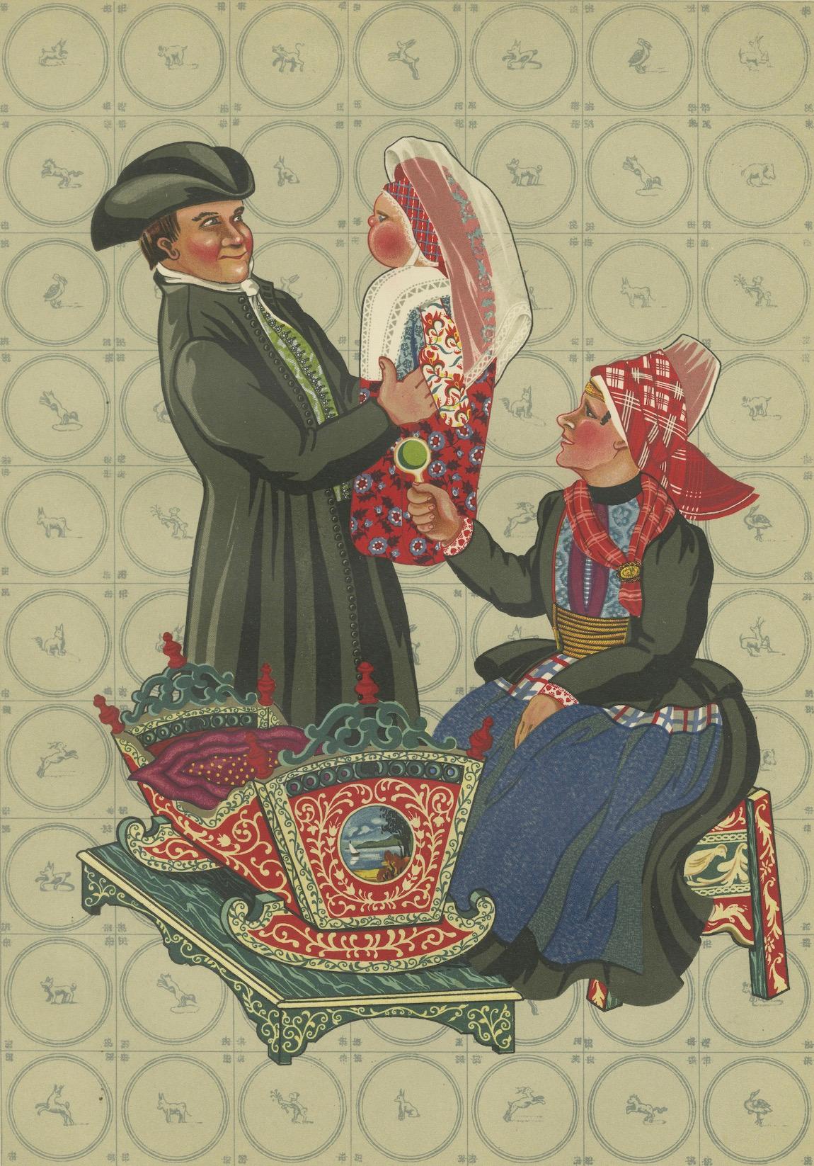 Hindeloopen-Familie mit bemalter Schöpfkelle, niederländischer Kostüm, 1932

Diese bezaubernde handkolorierte Lithographie ist Tafel III aus der 1932 erschienenen Publikation The National Costumes of Holland von Gratiane de Gardilanne und Elizabeth
