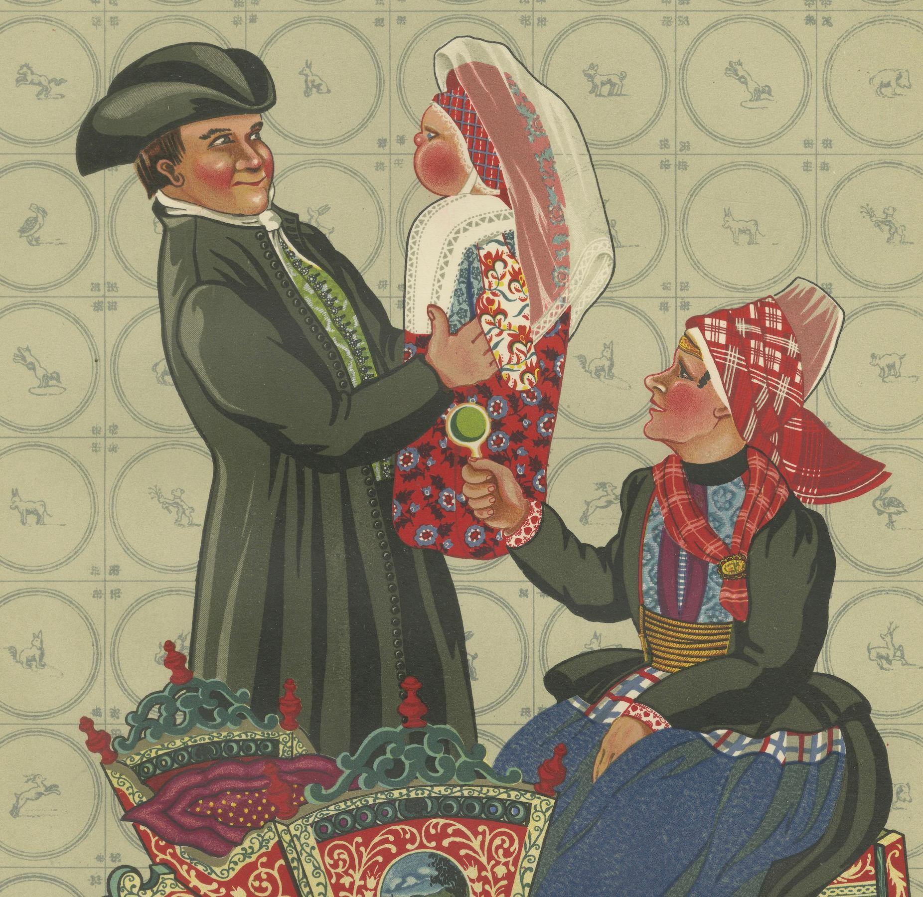 Hindeloopen-Familie mit bemalter Schöpfkelle, niederländischer Kostüm, 1932 im Zustand „Gut“ im Angebot in Langweer, NL