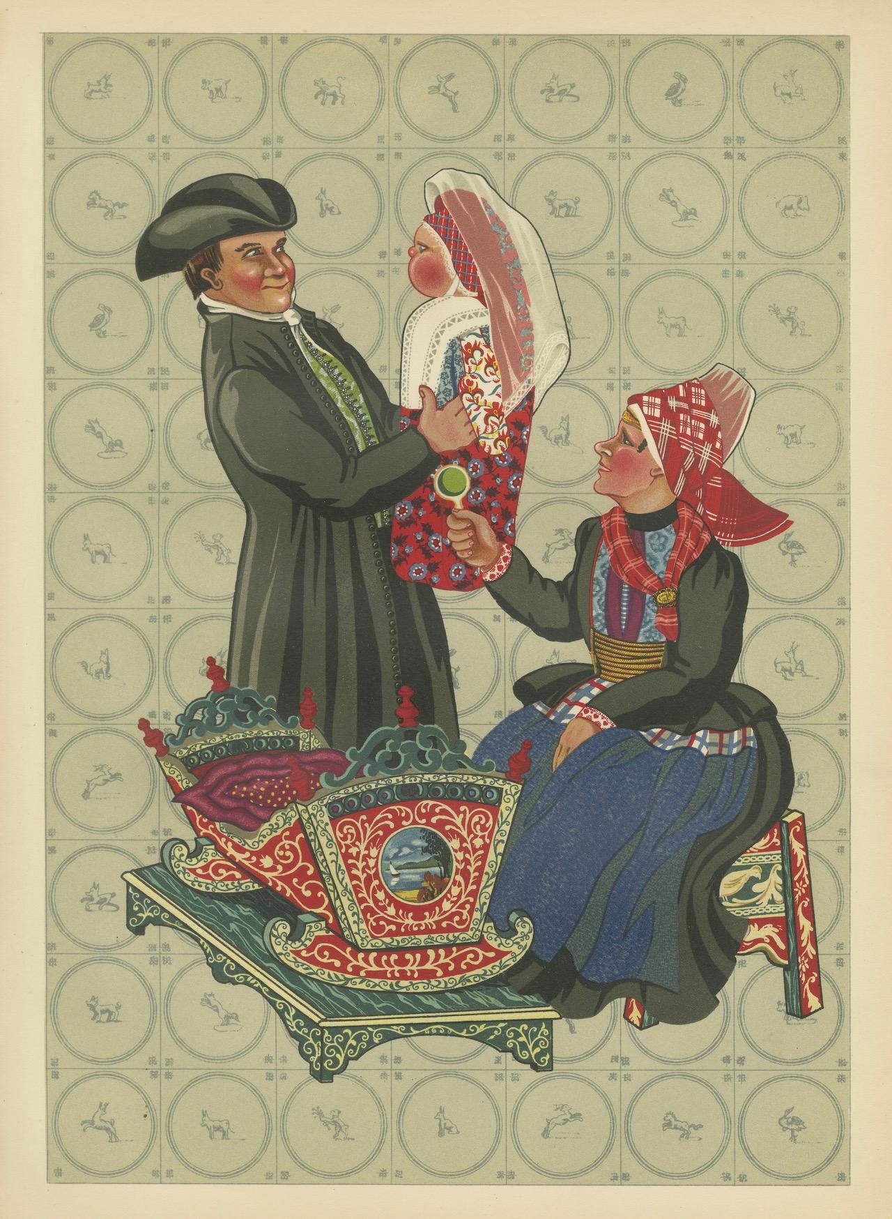 Hindeloopen-Familie mit bemalter Schöpfkelle, niederländischer Kostüm, 1932 im Angebot 2