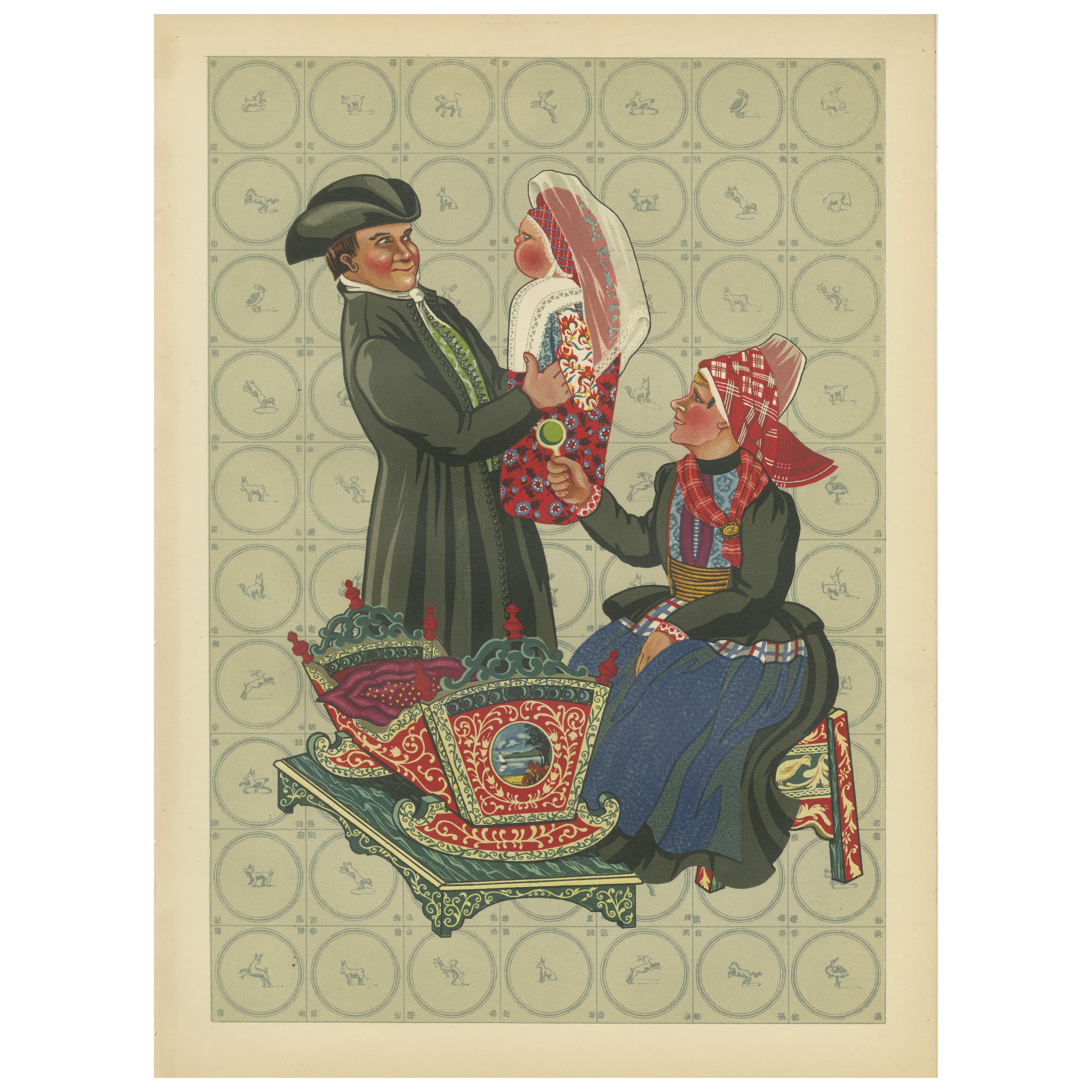 Hindeloopen-Familie mit bemalter Schöpfkelle, niederländischer Kostüm, 1932