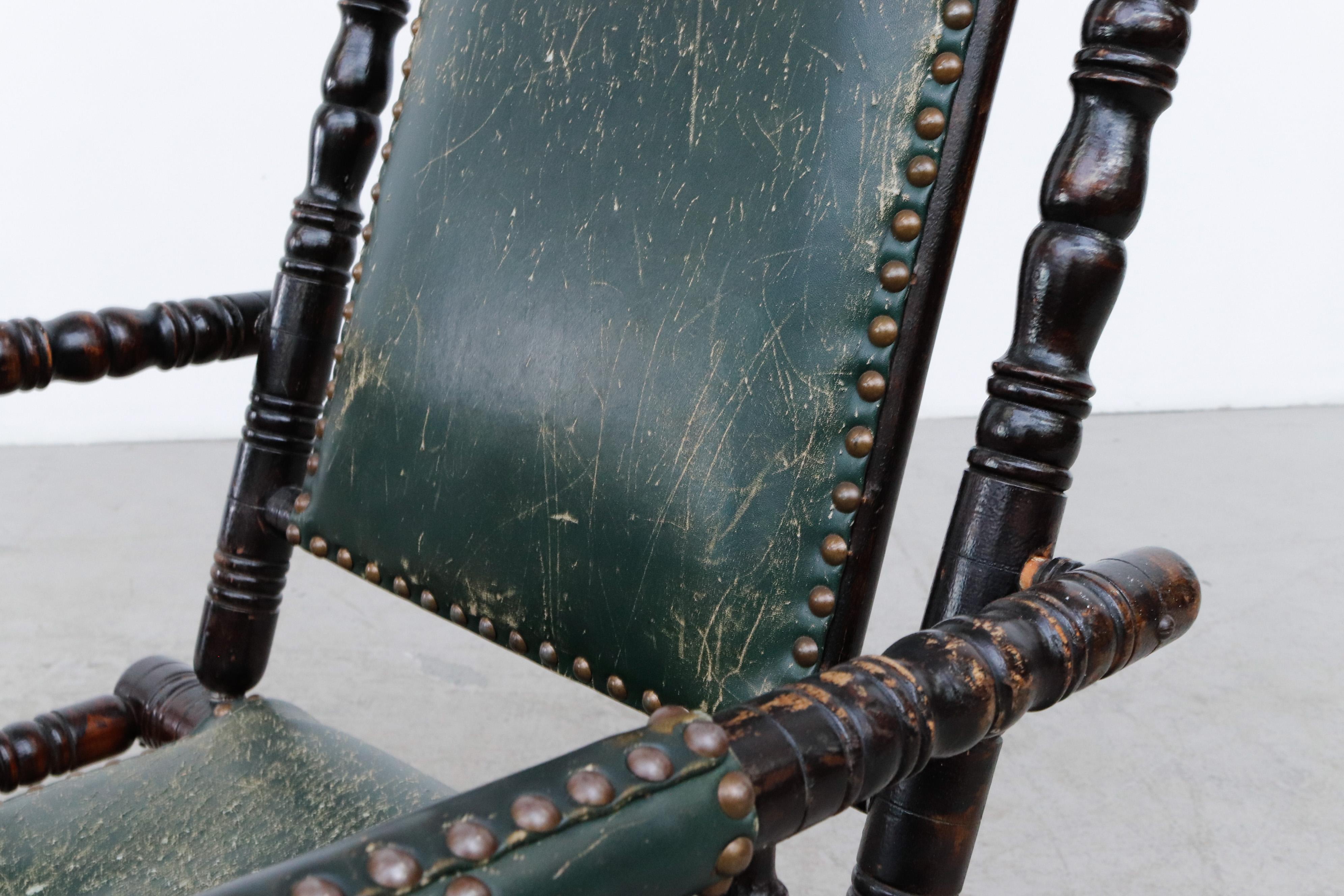 Hindeloopen Style Spindled Rocking Chair with Studded Emerald Green Leather Seat For Sale 3