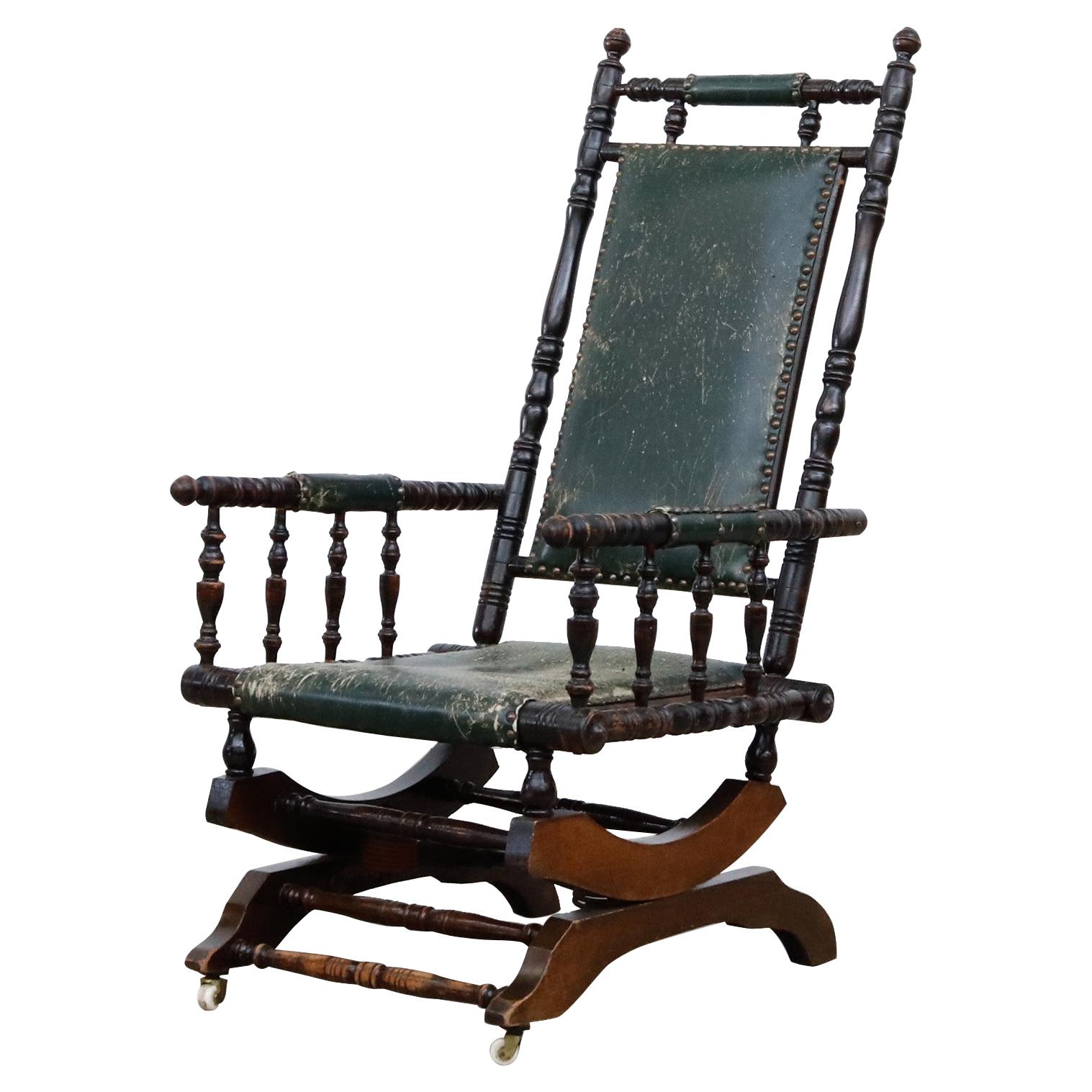 Hindeloopen Style Spindled Rocking Chair with Studded Emerald Green Leather Seat For Sale