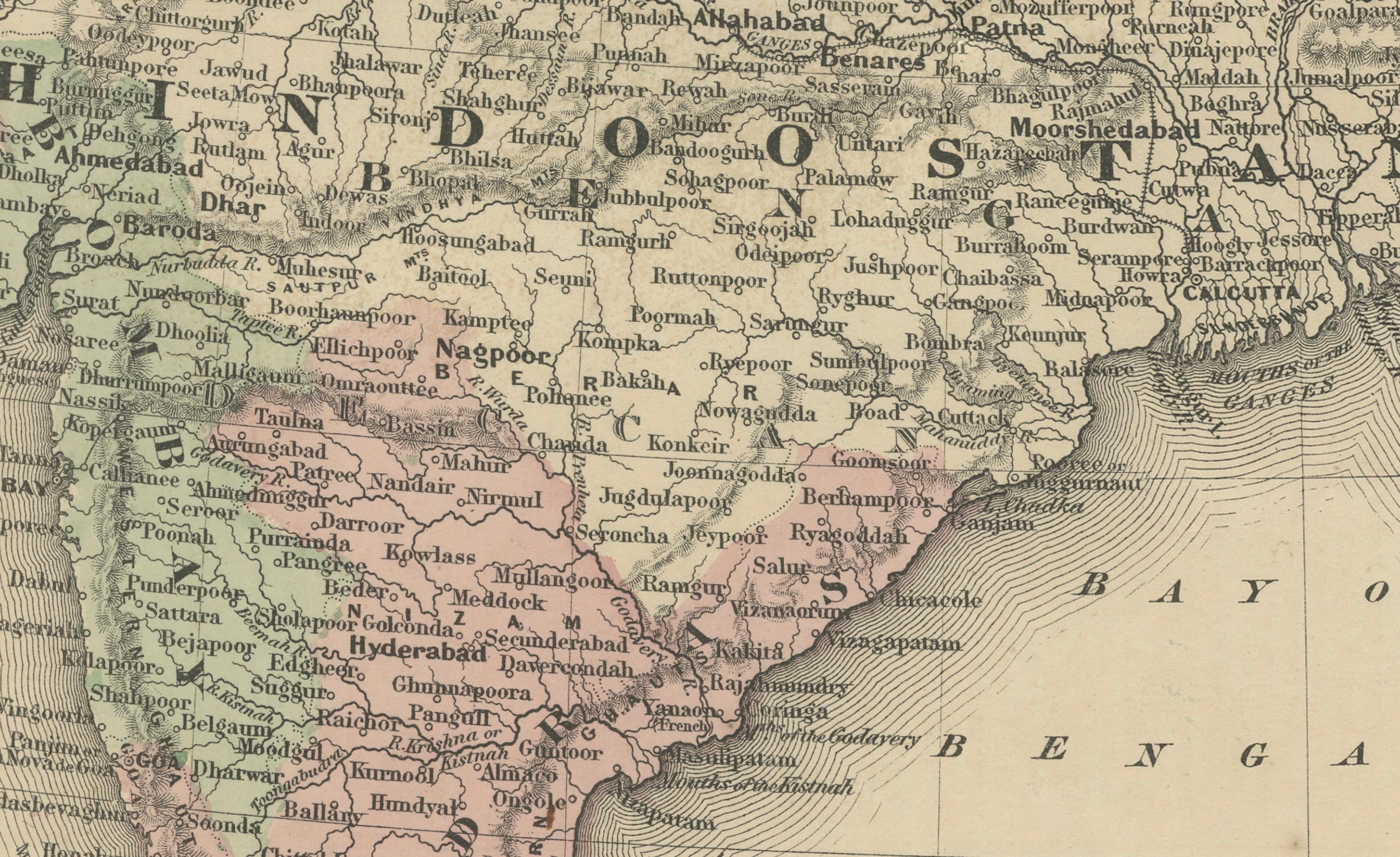 XIXe siècle Carte de l'Hindoustan ou de l'Inde britannique - Johnson, coloriée à la main USA c.1864 en vente