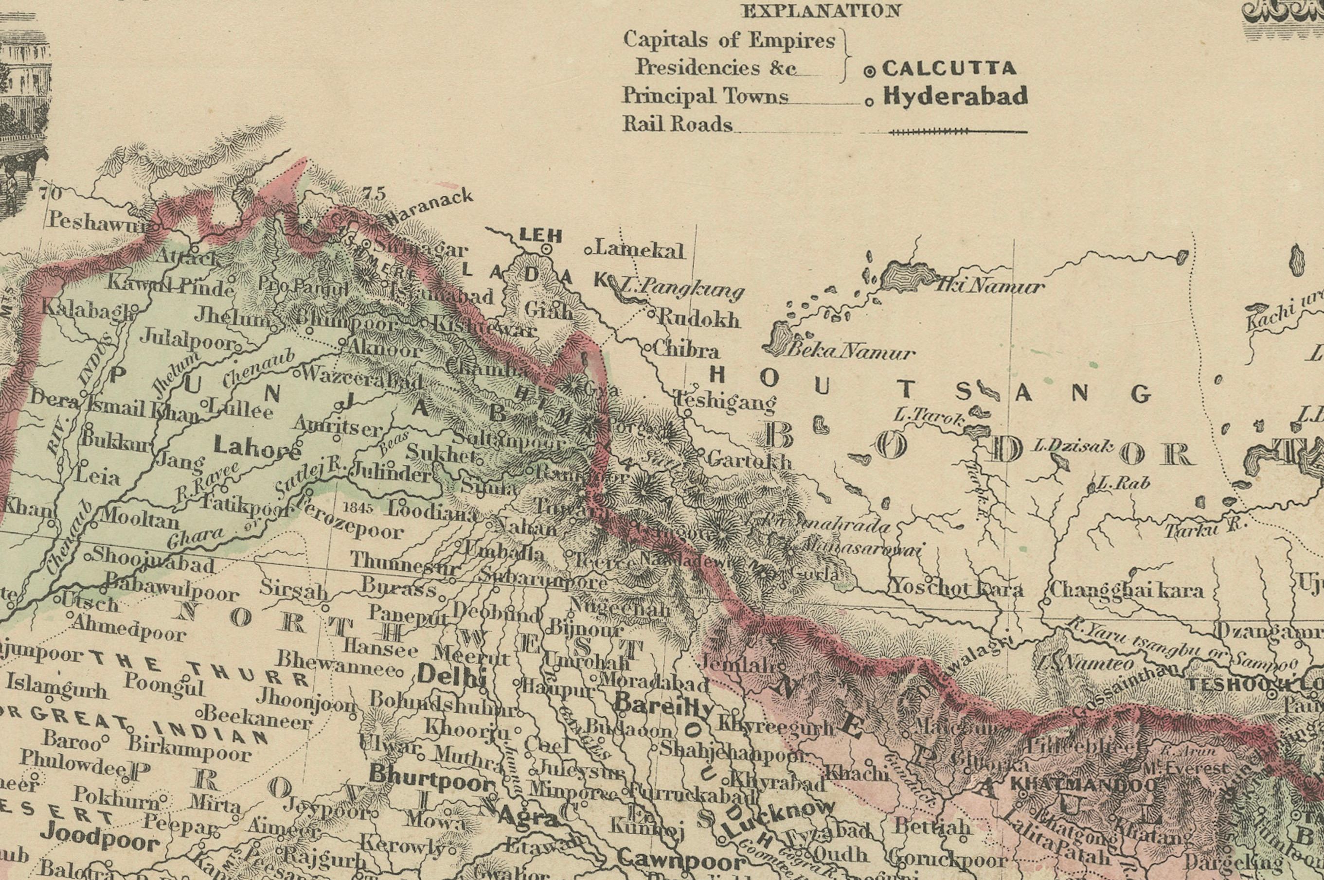 Papier Carte de l'Hindoustan ou de l'Inde britannique - Johnson, coloriée à la main USA c.1864 en vente