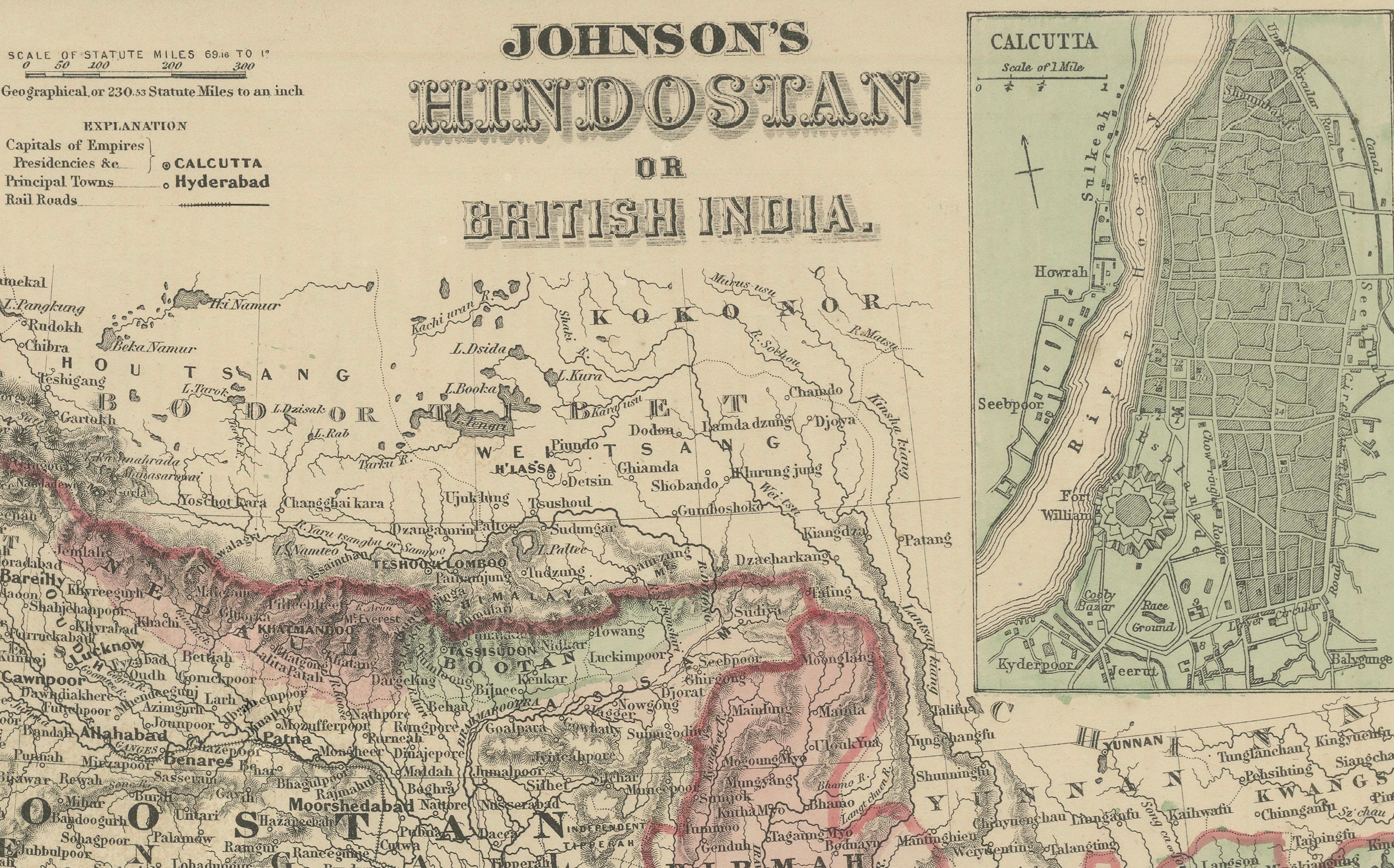 Carte de l'Hindoustan ou de l'Inde britannique - Johnson, coloriée à la main USA c.1864 en vente 3