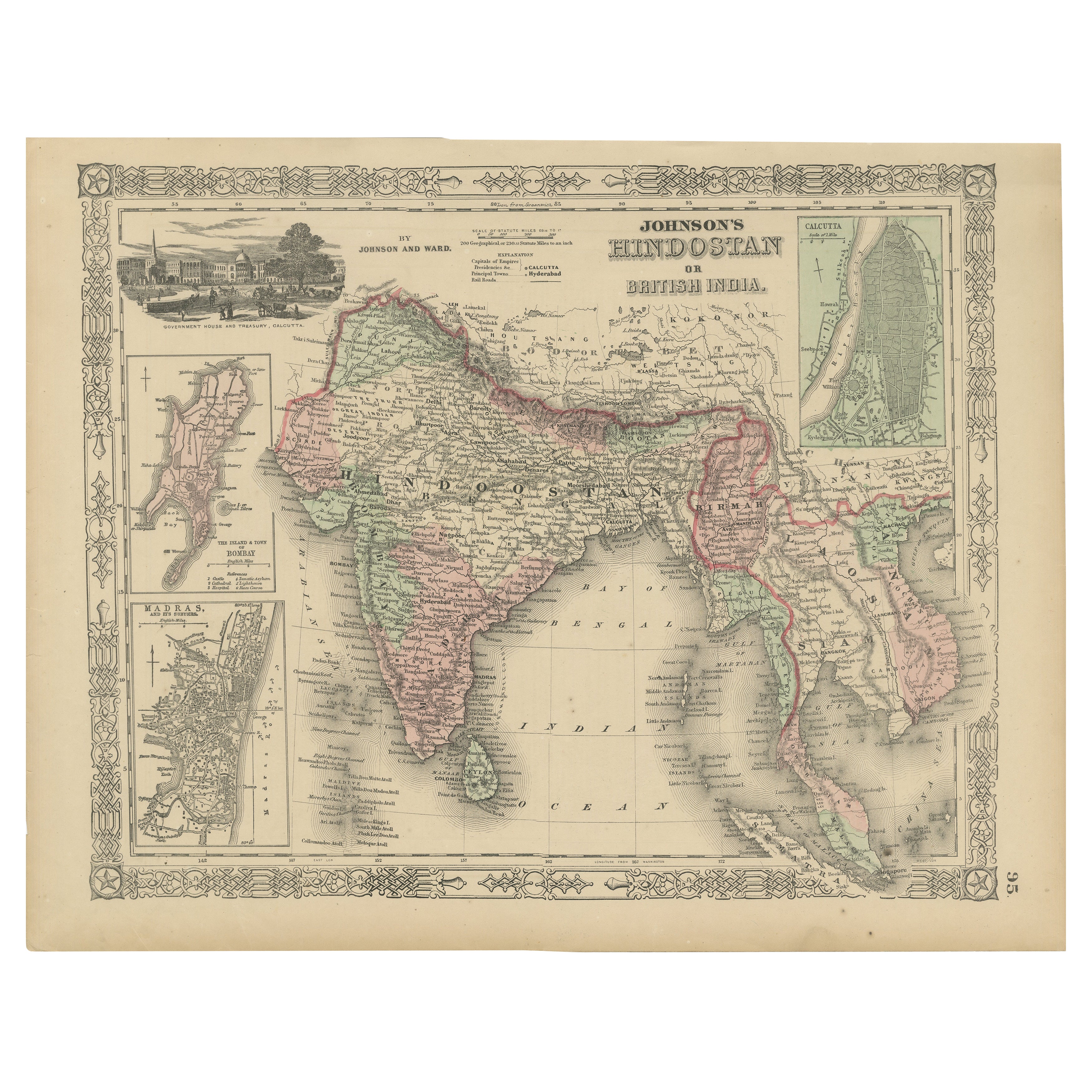 Carte de l'Hindoustan ou de l'Inde britannique - Johnson, coloriée à la main USA c.1864