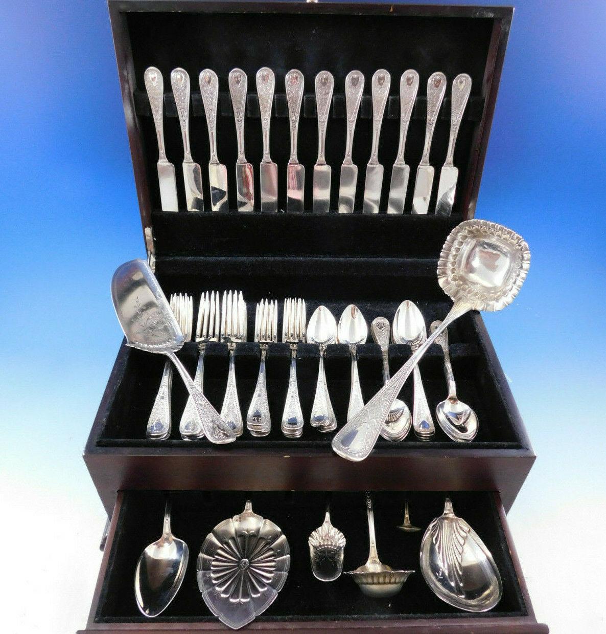 Rare Hindostanee by Gorham sterling silver flatware set - 66 pieces. This set includes:

12 knives, flat handle all-sterling, 8 1/4
