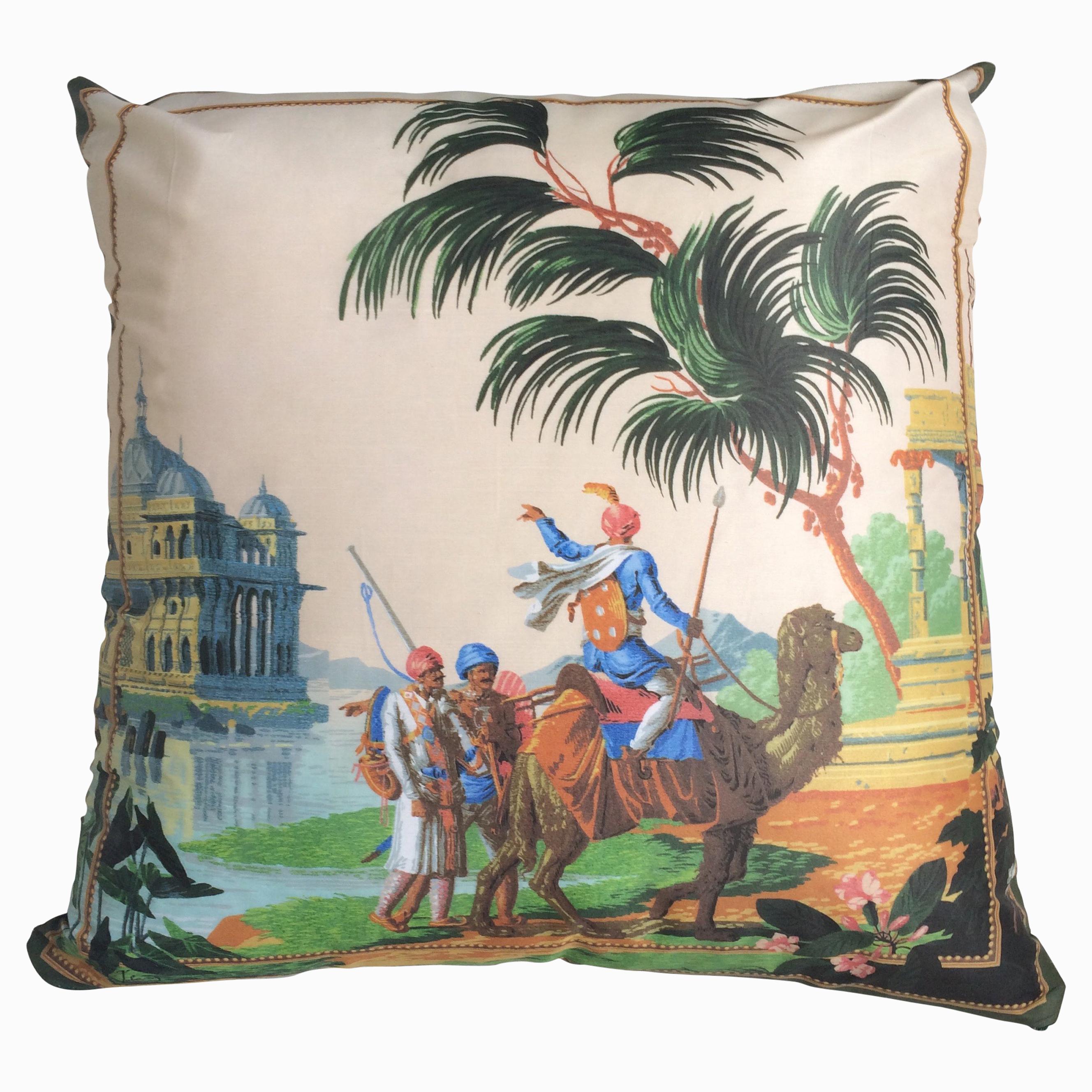 "Hindoustan Camel" Silk Throw Pillow in Polychrome by Zuber For Sale