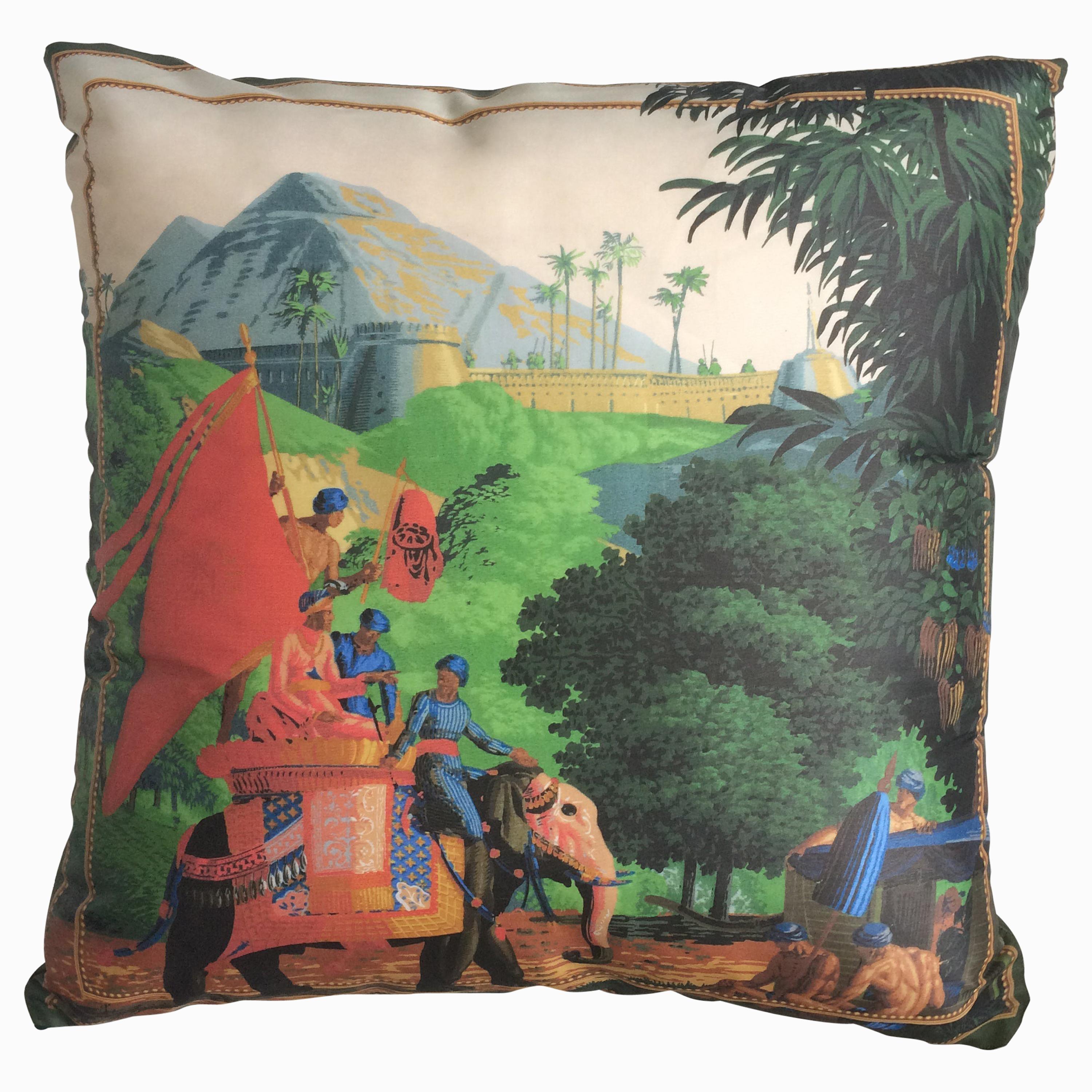 "Hindoustan Elephant" Silk Throw Pillow in Polychrome by Zuber For Sale