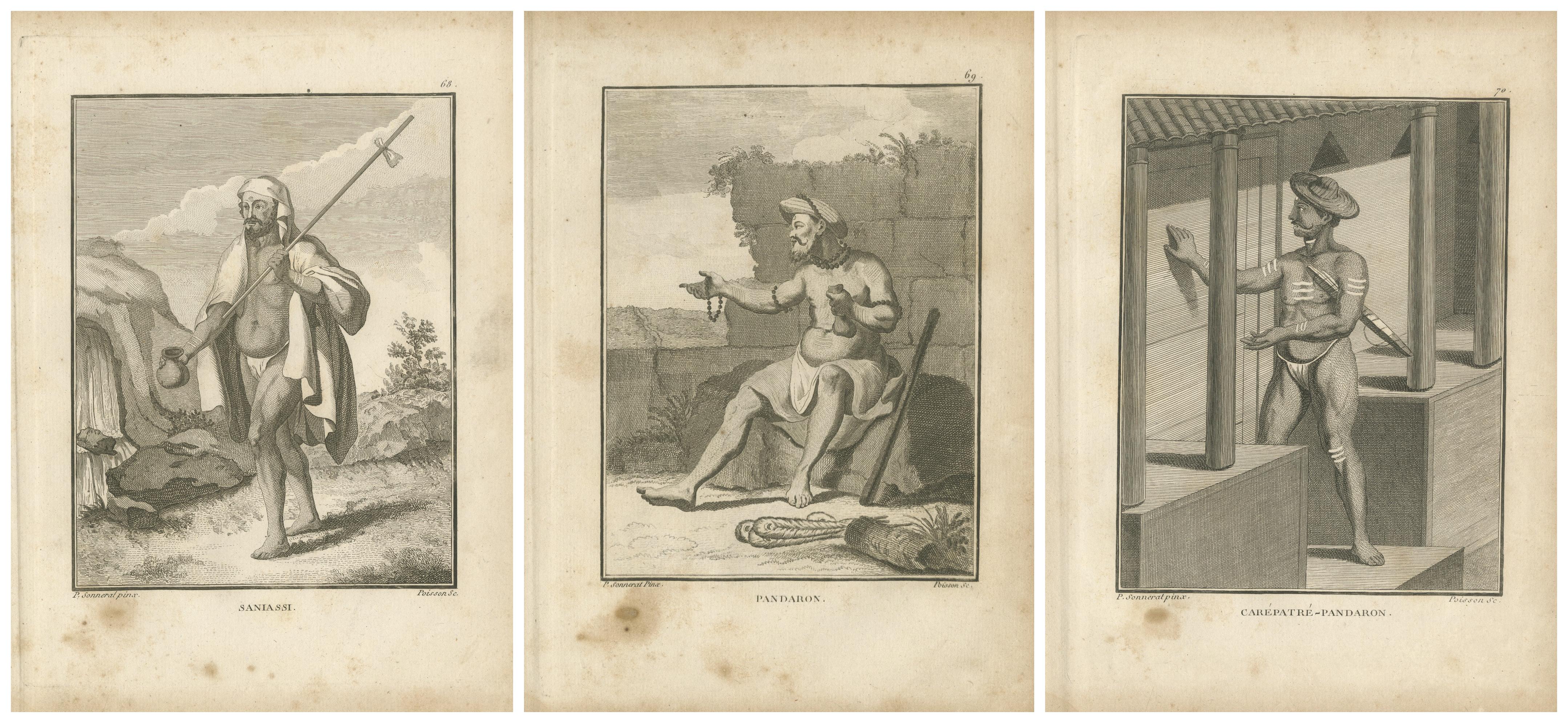 Titre : Ascètes et prêtres hindous - Saniassi, Pandaron et Carepatré, 1806

Description :
Cette gravure composite présente trois représentations distinctes de figures spirituelles hindoues, chacune représentée dans un cadre séparé avec des titres