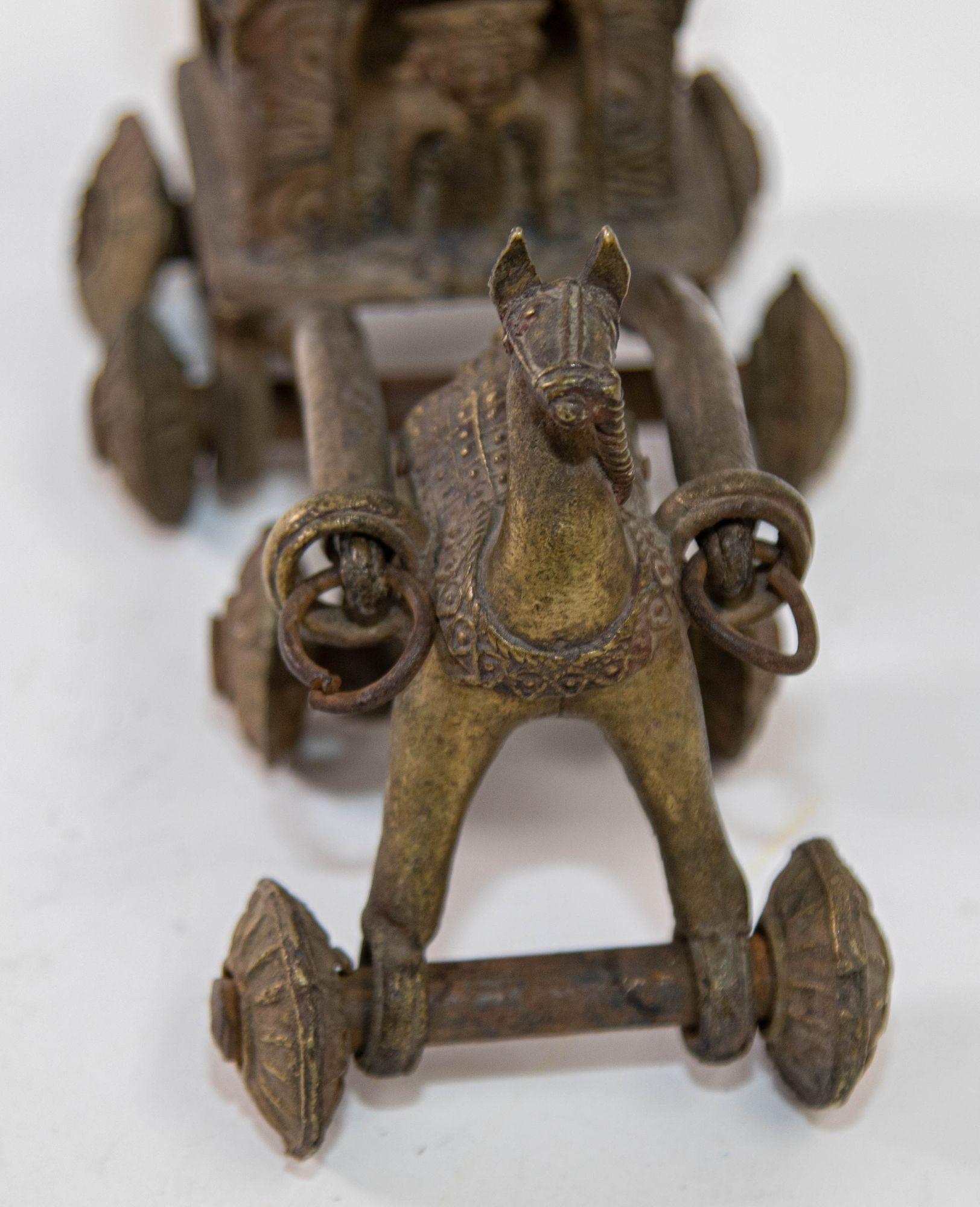 Hindu Bronze Horse and Chariot Temple Toy on Wheels India 1950s Collectible For Sale 5