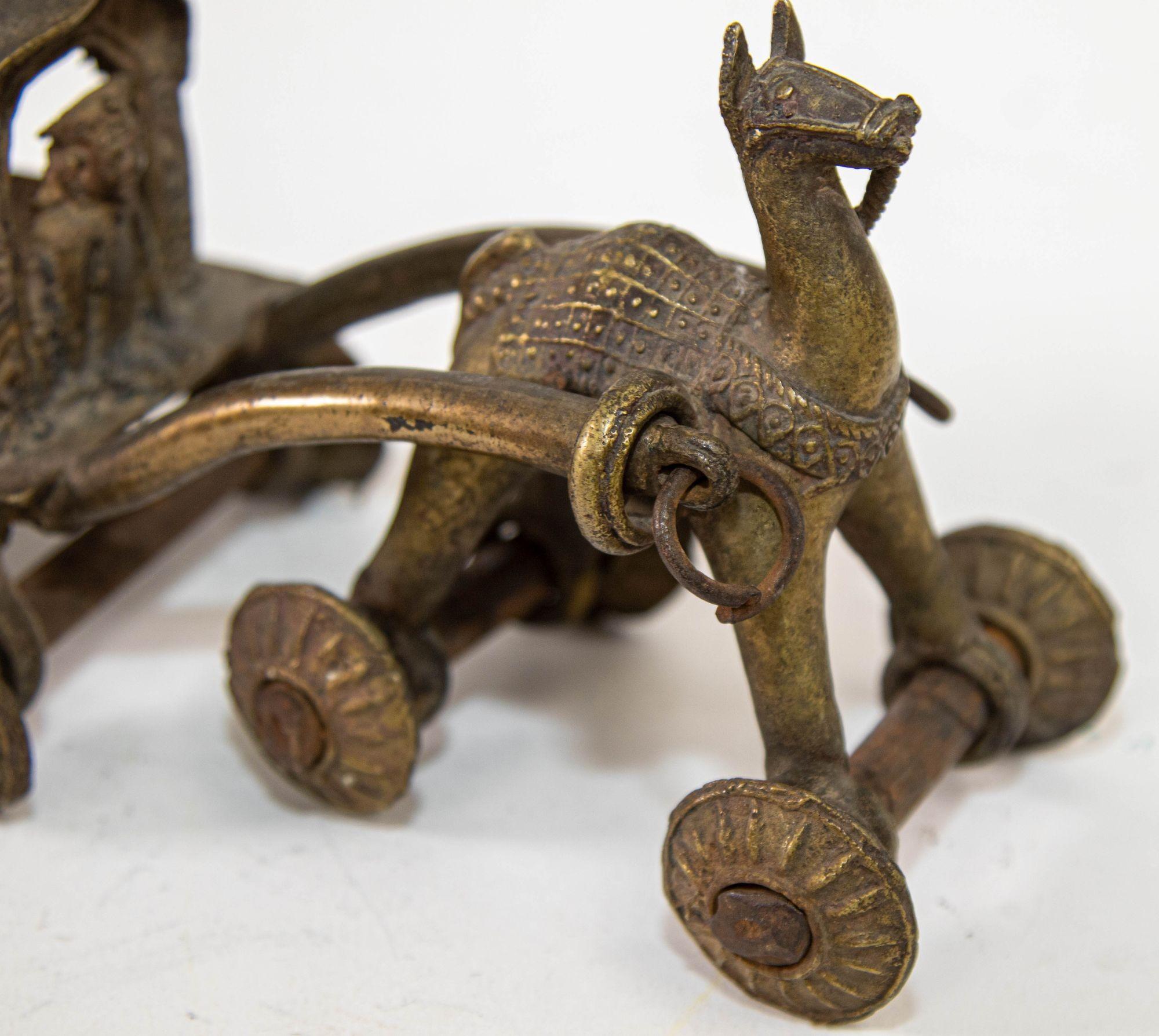 Hindu Bronze Horse and Chariot Temple Toy on Wheels India 1950s Collectible For Sale 7
