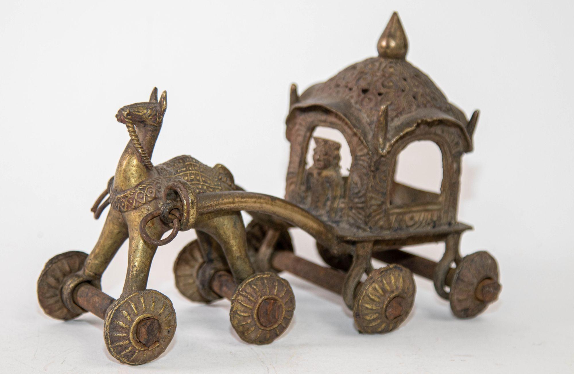 Folk Art Hindu Bronze Horse and Chariot Temple Toy on Wheels India 1950s Collectible For Sale