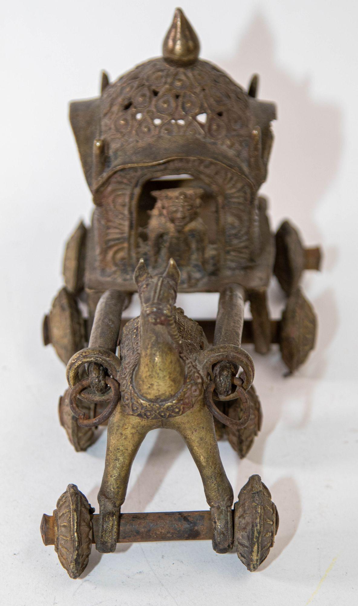 Indian Hindu Bronze Horse and Chariot Temple Toy on Wheels India 1950s Collectible For Sale