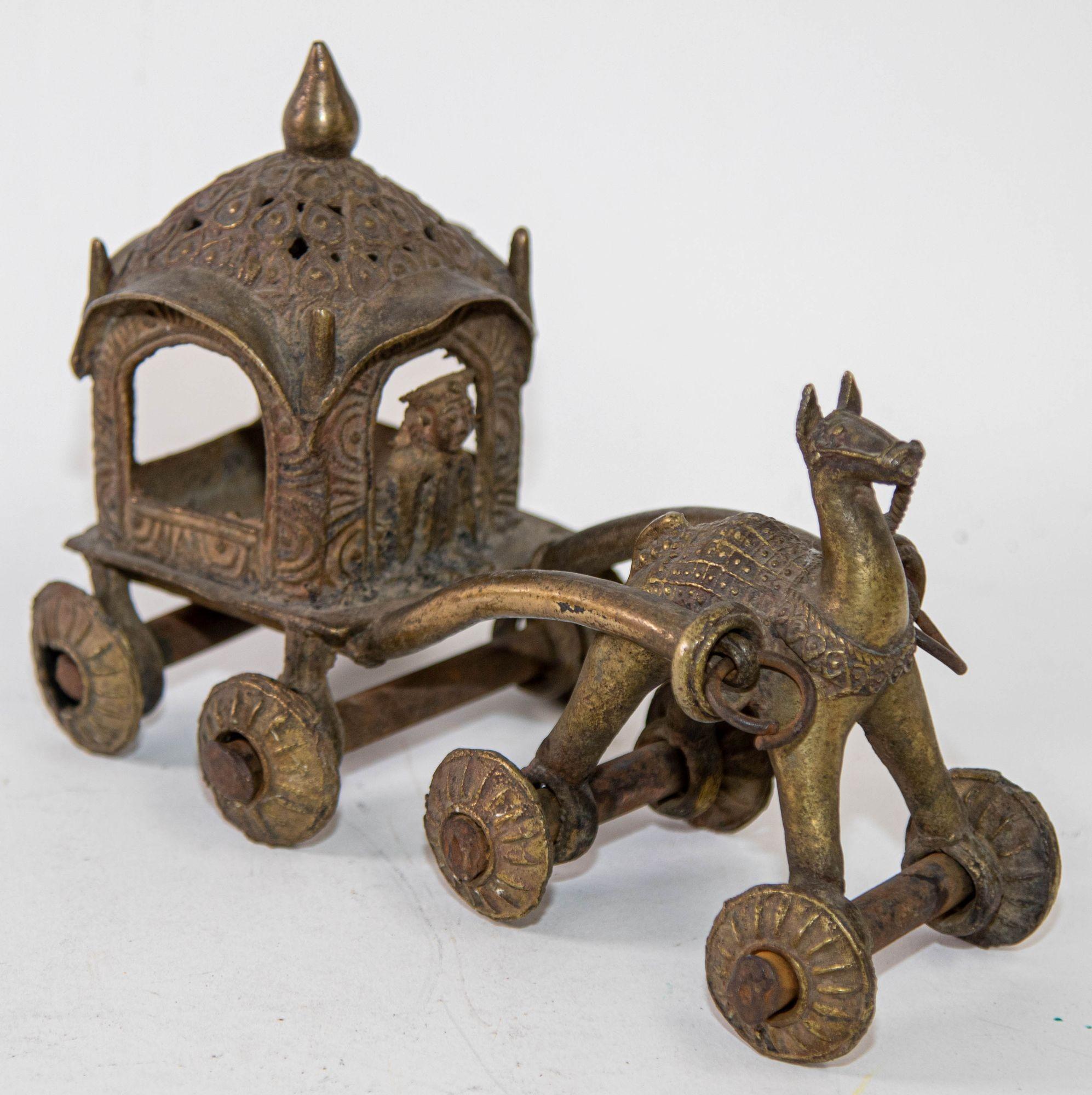 Cast Hindu Bronze Horse and Chariot Temple Toy on Wheels India 1950s Collectible For Sale