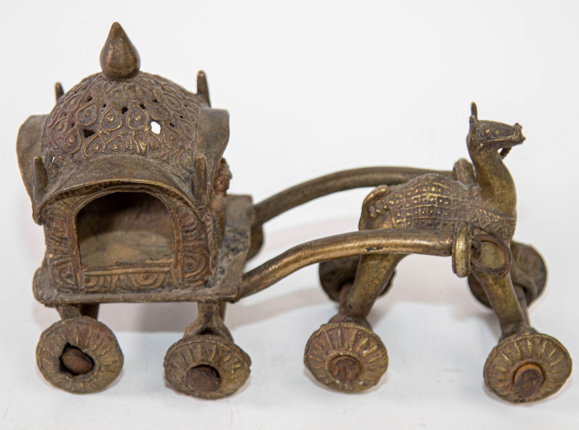 20th Century Hindu Bronze Horse and Chariot Temple Toy on Wheels India 1950s Collectible For Sale