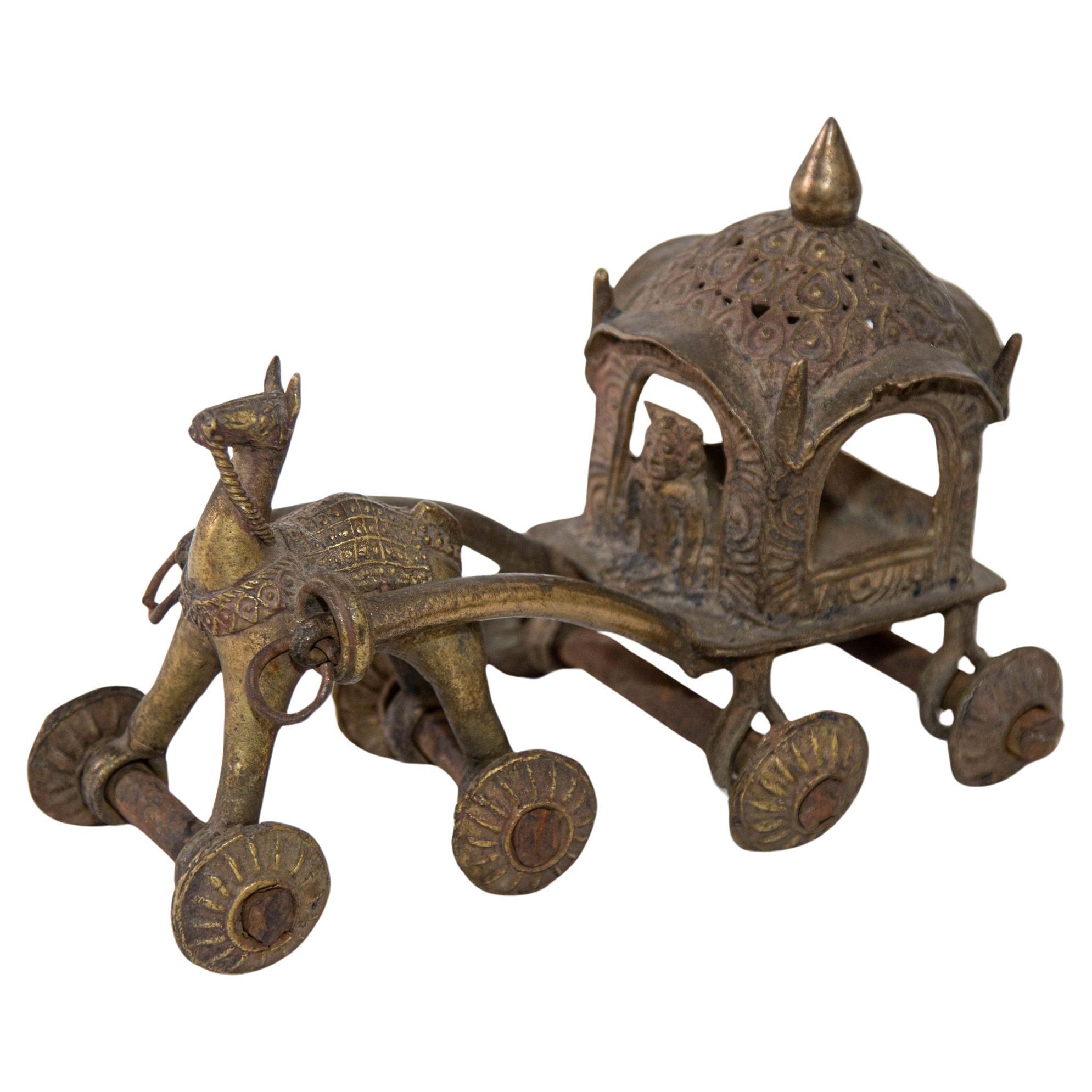 Hindu Bronze Cheval et Chariot Temple Jouet sur Roues Inde 1950s Collectible