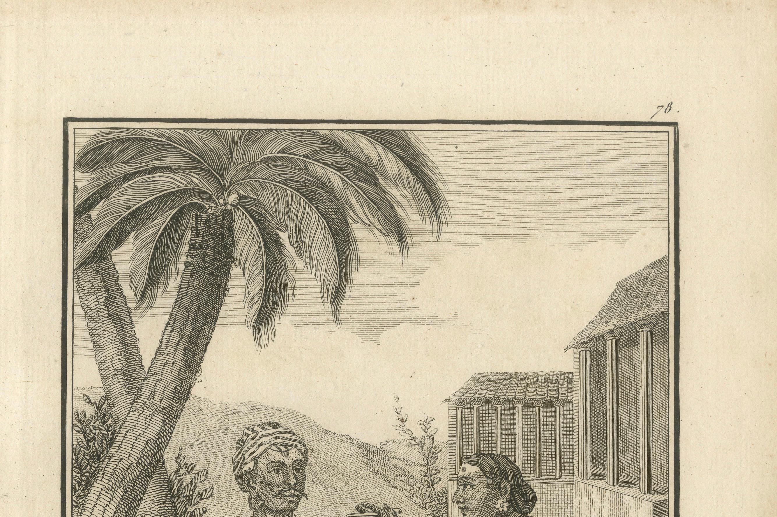 Hindu-Paar mit rituellen Utensilien - Poutchari von Darma Raja, 1806

Dieser antike Kupferstich mit dem Titel Poutchari de Darma-Raja zeigt eine intime Szene eines Hindu-Paares, das auf dem Boden unter einer Palme sitzt und scheinbar eine religiöse