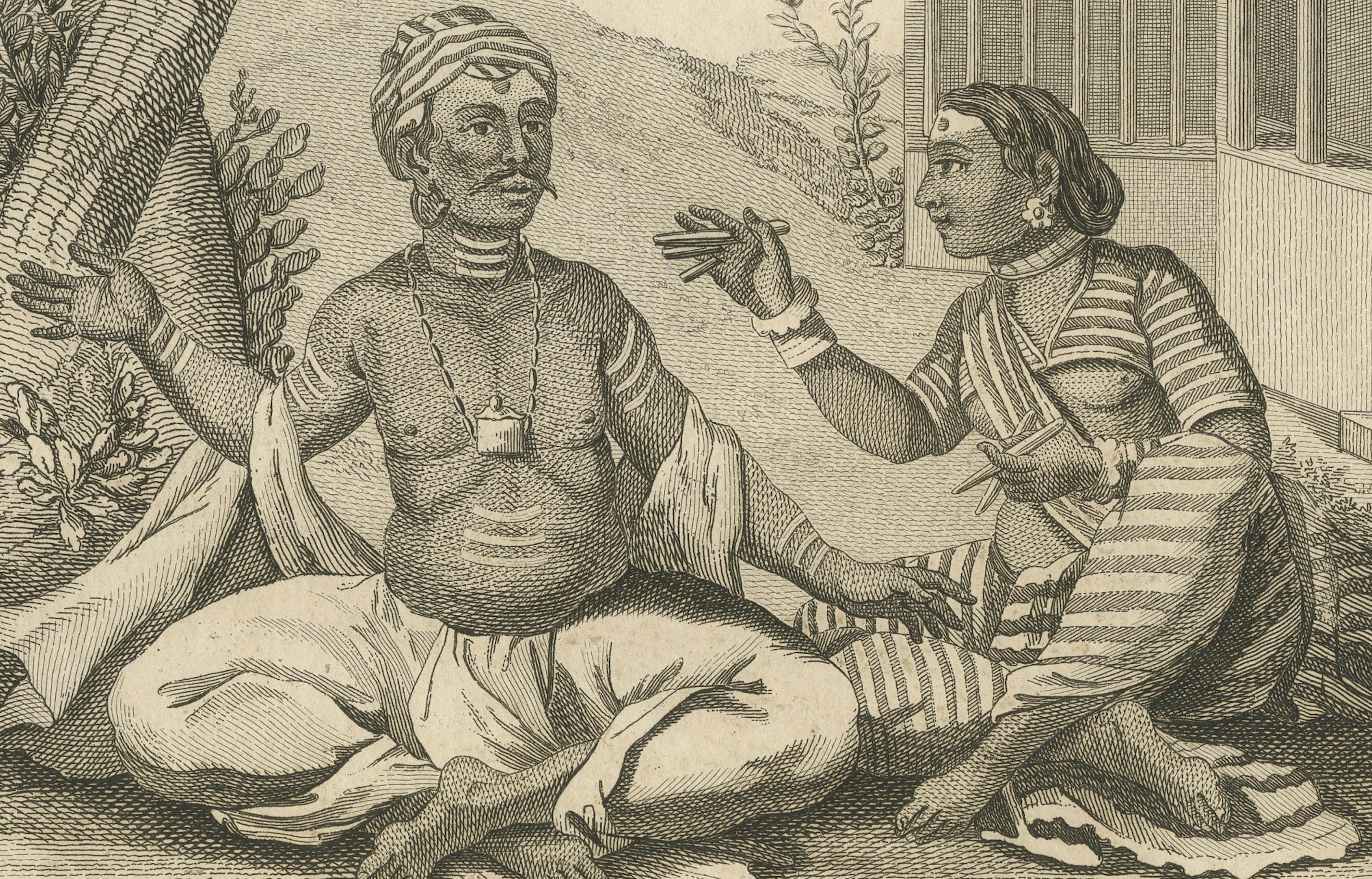 Hindu-Paar mit rituellen Utensilien - Poutchari von Darma Raja, 1806 (Graviert) im Angebot