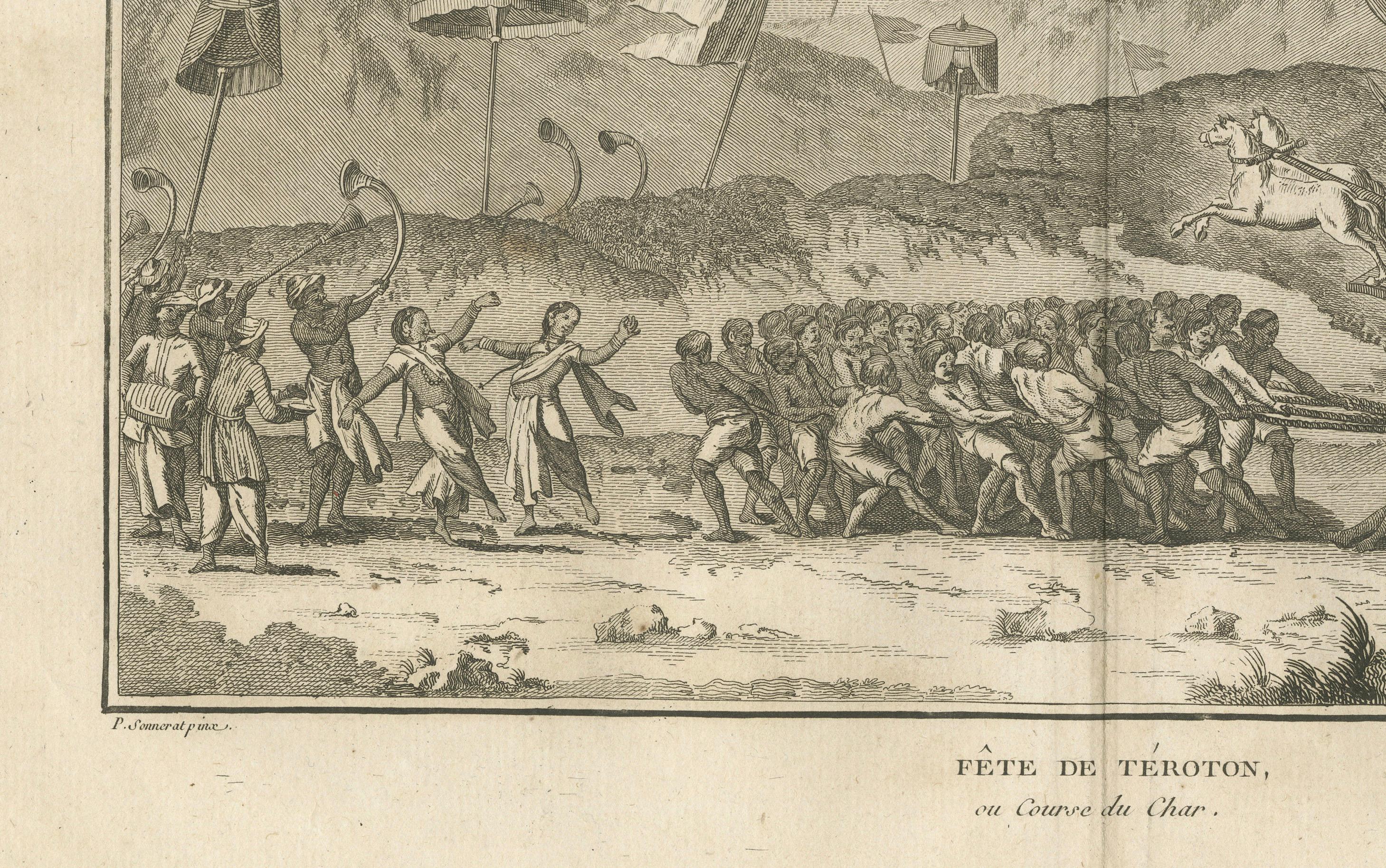 Procesión festiva hindú con carro de Vishnu - Grabado según Sonnerat, 1806

Este grabado antiguo presenta una detallada representación de una procesión religiosa hindú en la que aparece un gran carro que transporta una estatua de la deidad Visnú. La