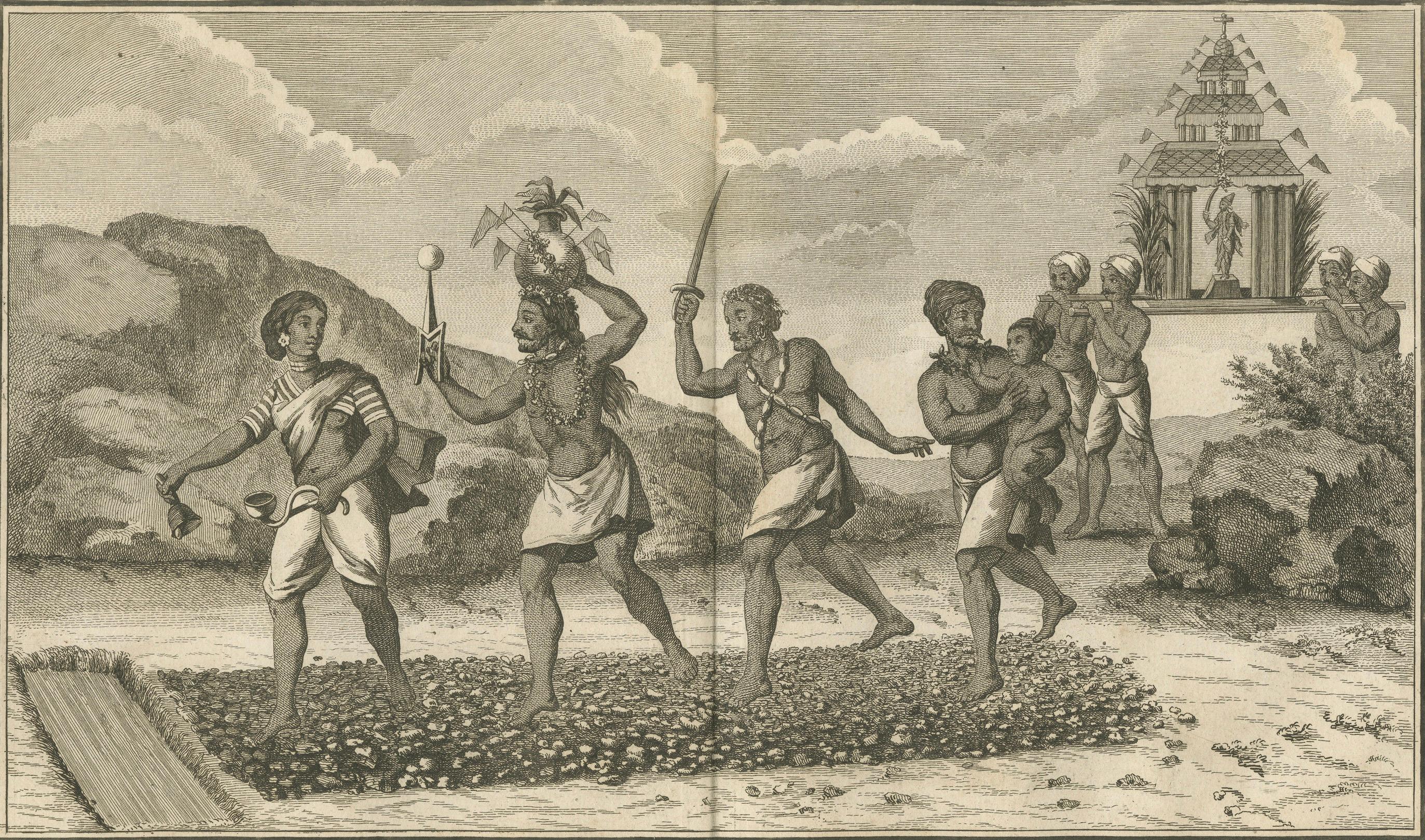 Hinduistische Feuerlaufzeremonie zu Ehren von Dharma Raja - Stich, 1806 (Graviert) im Angebot