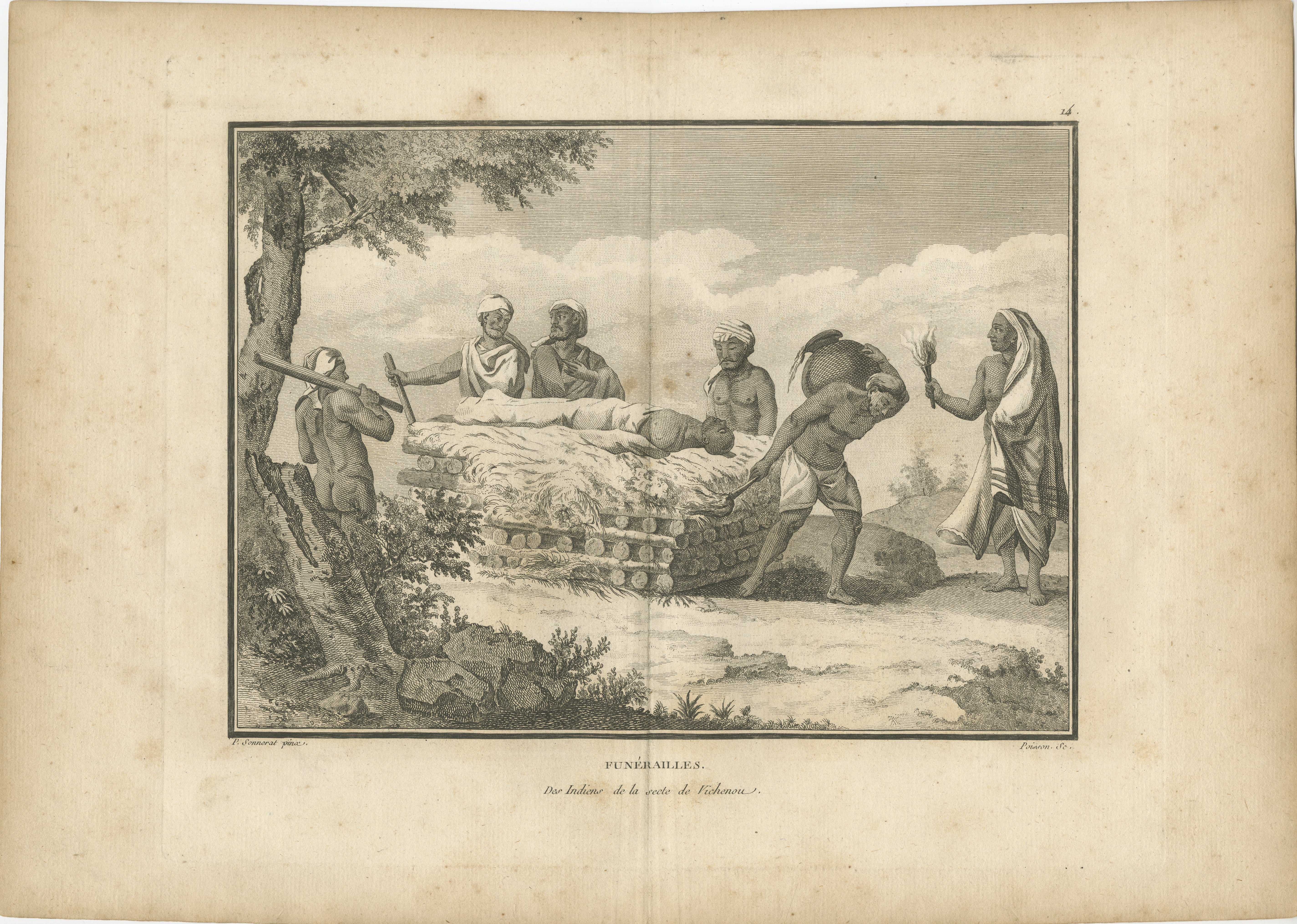 Hindu Funeral Ceremony – Vaishnavite Rites, Sonnerat Engraving, Paris 1806

This powerful engraving titled *Funérailles des Indiens de la secte de Vichenou* (Funeral of the Indians of the sect of Vishnu) is plate number 14 from Pierre Sonnerat’s