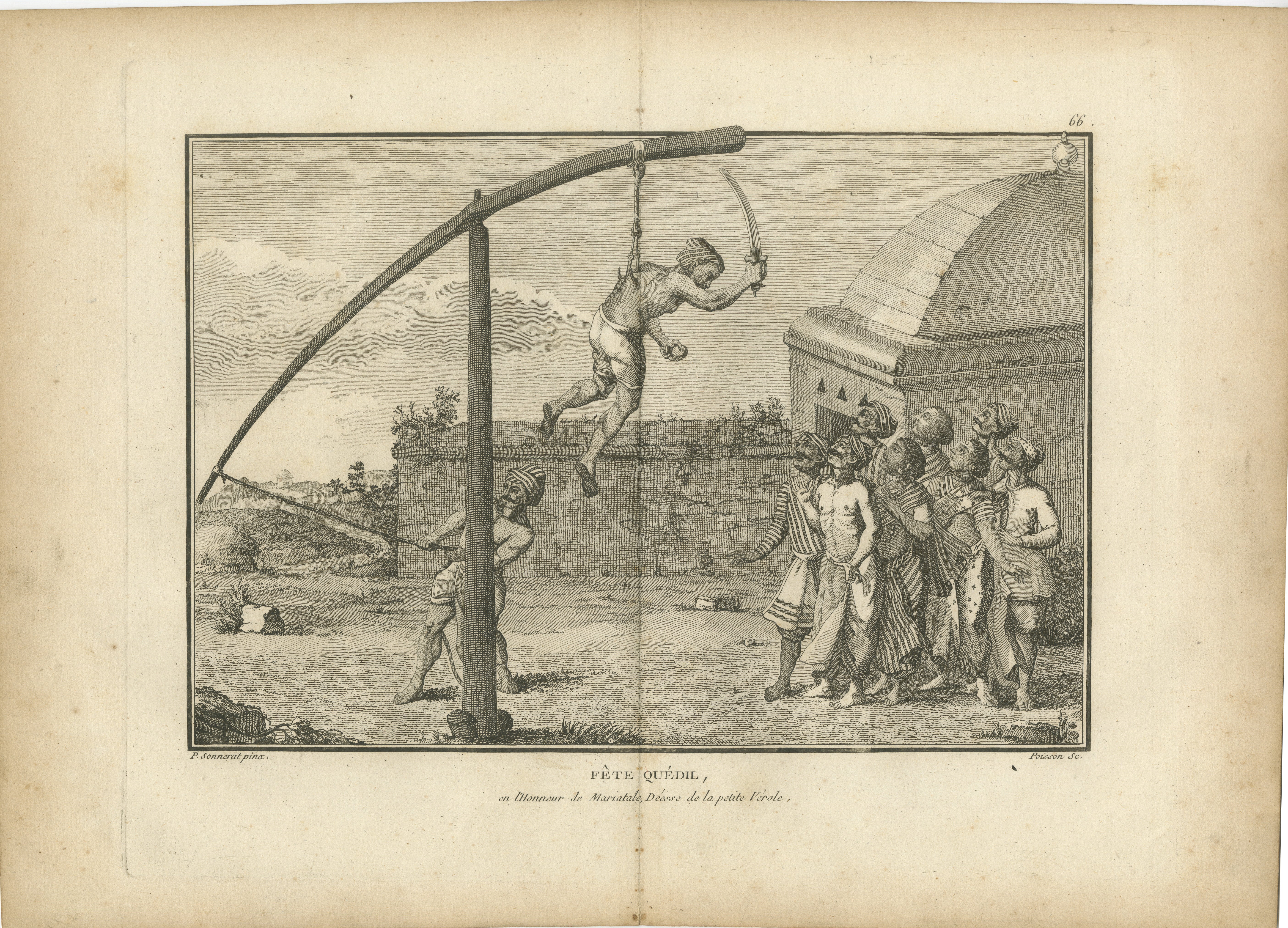 Cérémonie hindoue d'agitation de crochets en l'honneur de Mariamman - Gravure, 1806

Cette gravure dramatique intitulée 