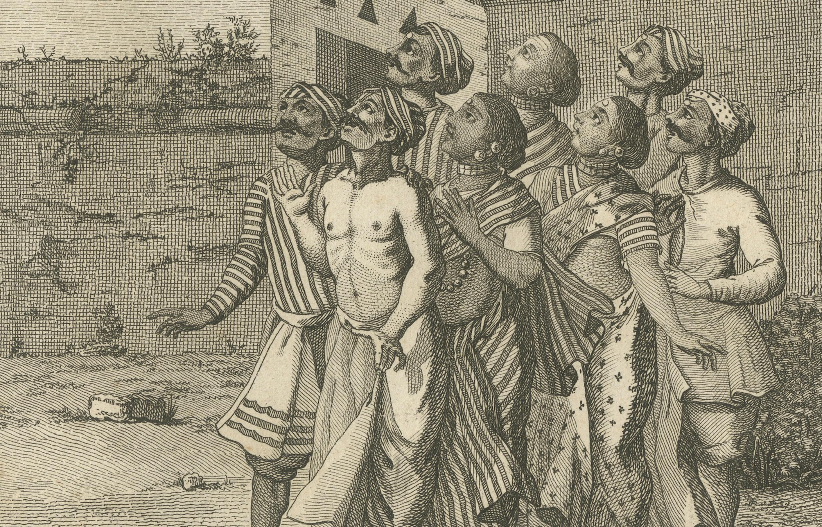 Français Cérémonie hindoue d'agitation de crochets en l'honneur de Mariamman - Gravure, 1806 en vente
