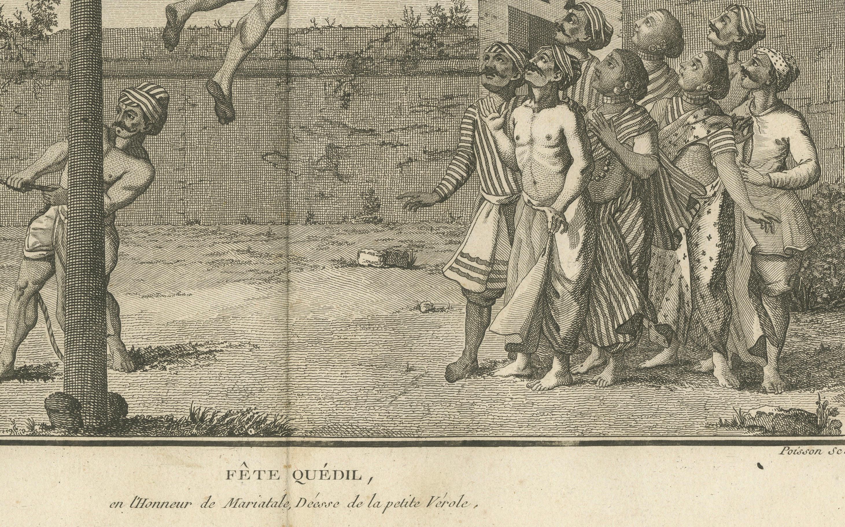 Gravé Cérémonie hindoue d'agitation de crochets en l'honneur de Mariamman - Gravure, 1806 en vente