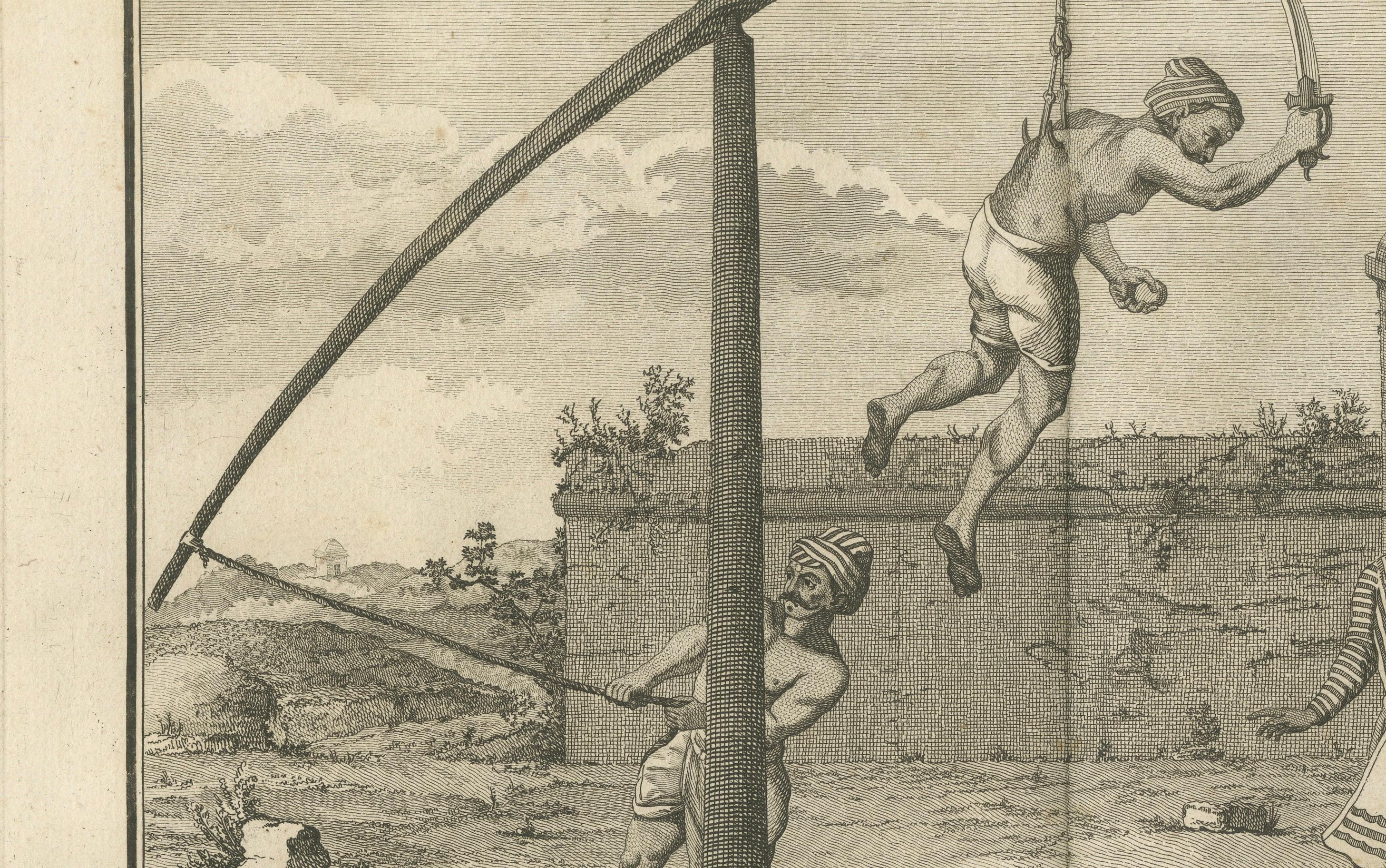 Cérémonie hindoue d'agitation de crochets en l'honneur de Mariamman - Gravure, 1806 Bon état - En vente à Langweer, NL
